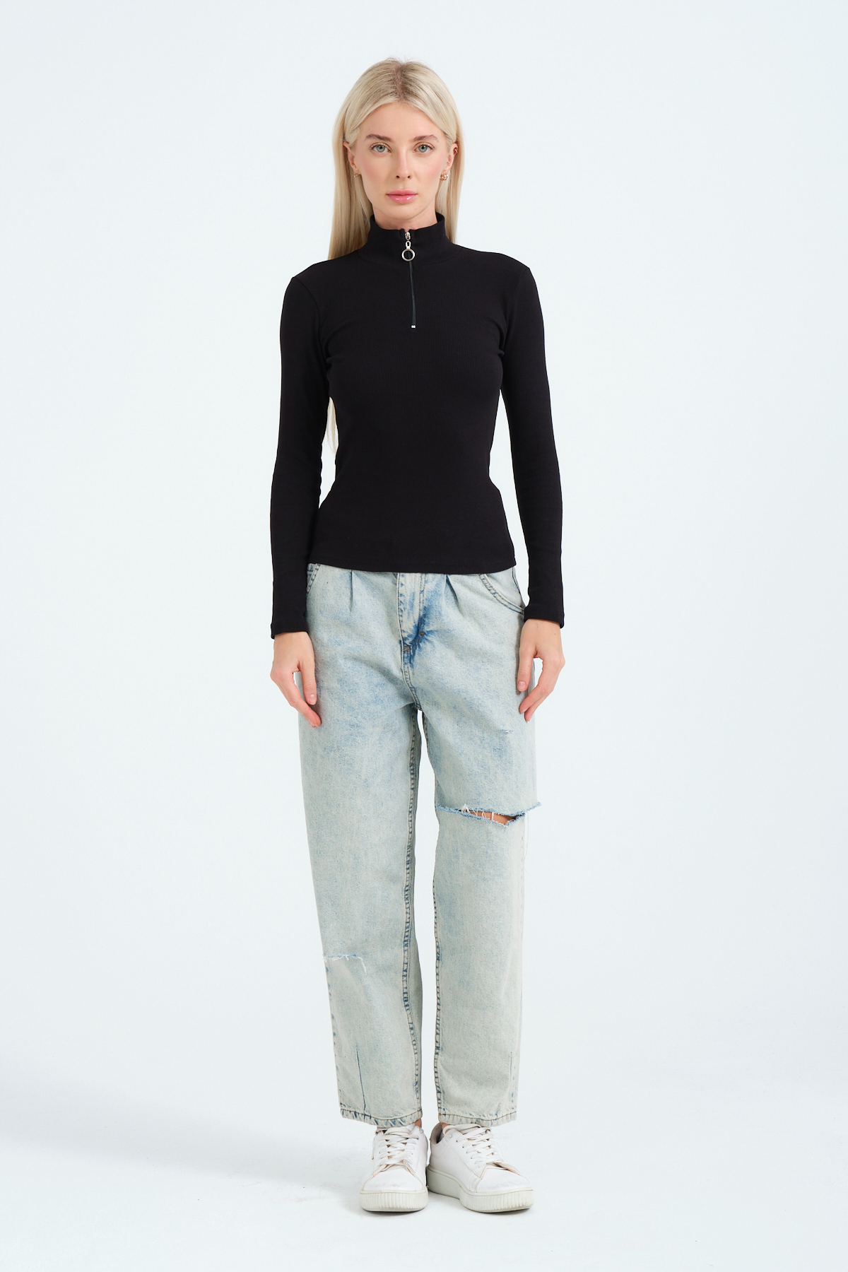 Kadın Lacivert Fermuarlı Yaka Uzun Kollu Örme Bluz