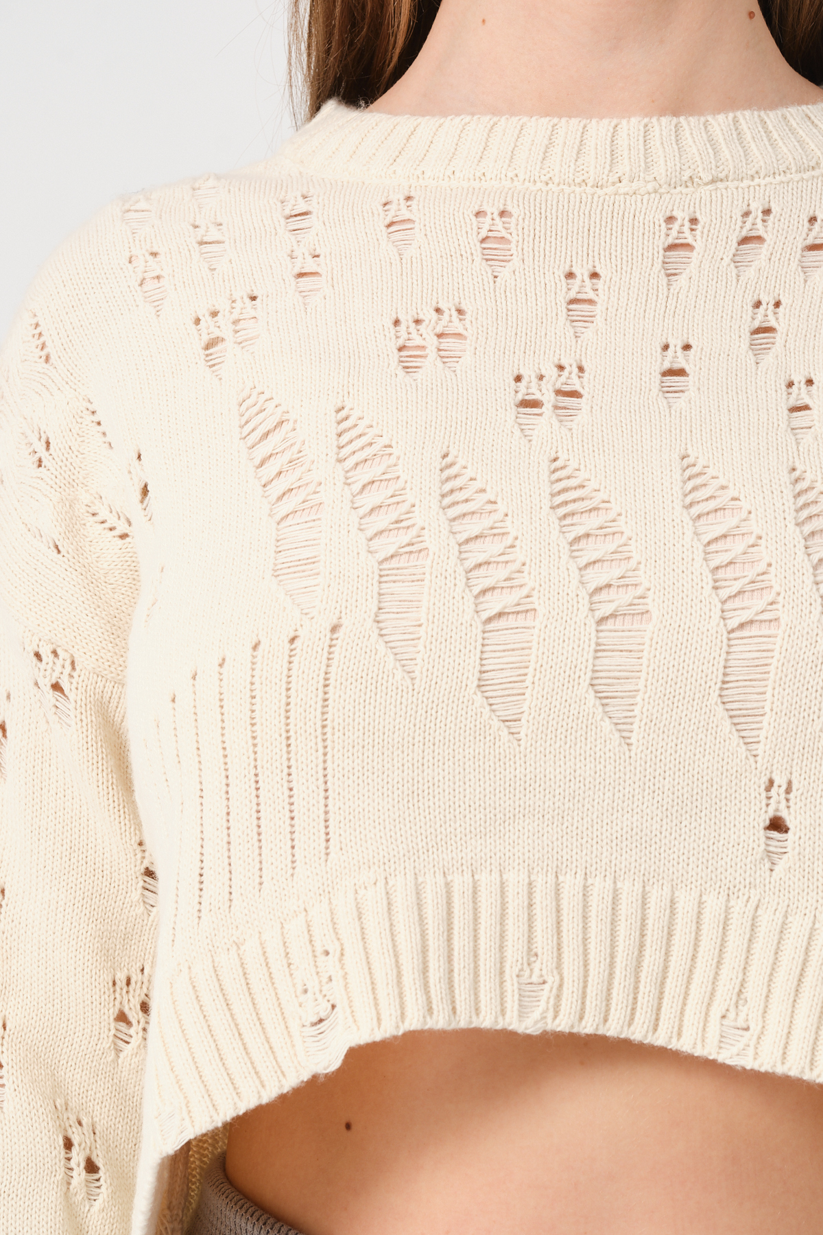 Kadın Siyah Ajurlu Bisiklet Yaka Crop Triko Kazak