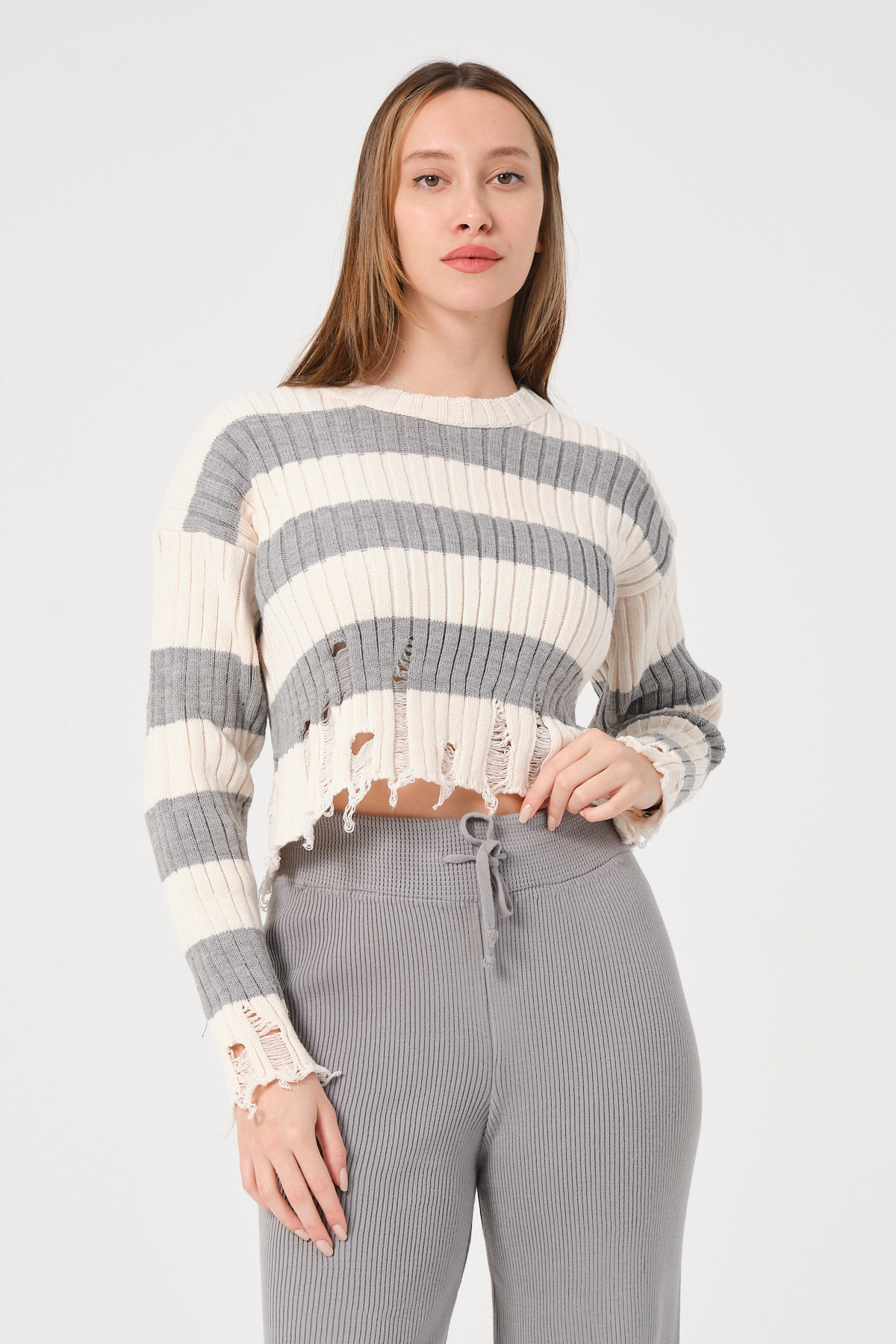 Kadın Lacivert Ekru Çizgili Bisiklet Yaka Triko Kazak