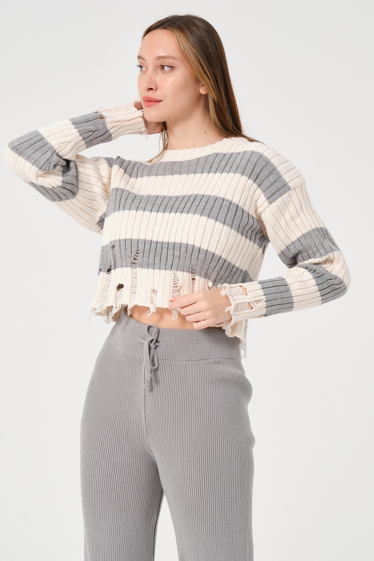 Kadın Lacivert Ekru Çizgili Bisiklet Yaka Triko Kazak