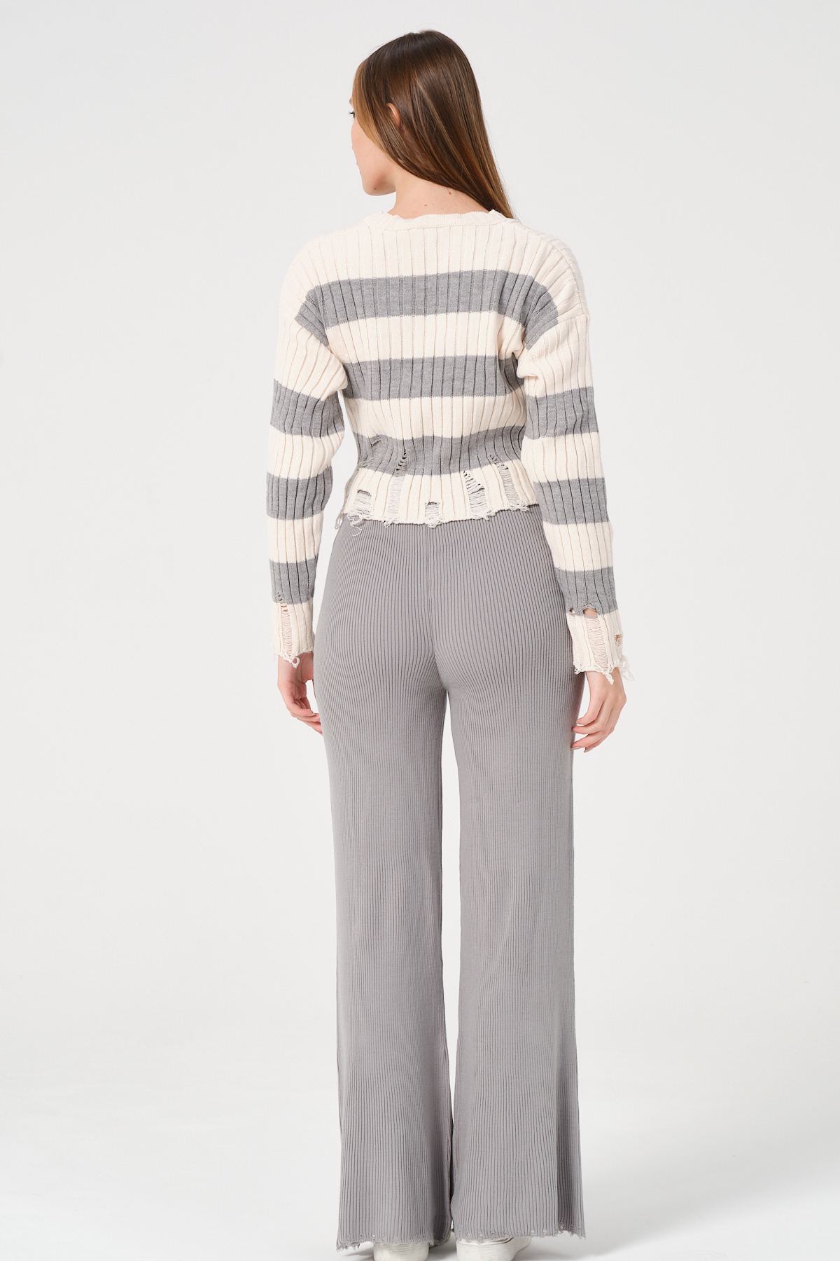 Kadın Lacivert Ekru Çizgili Bisiklet Yaka Triko Kazak