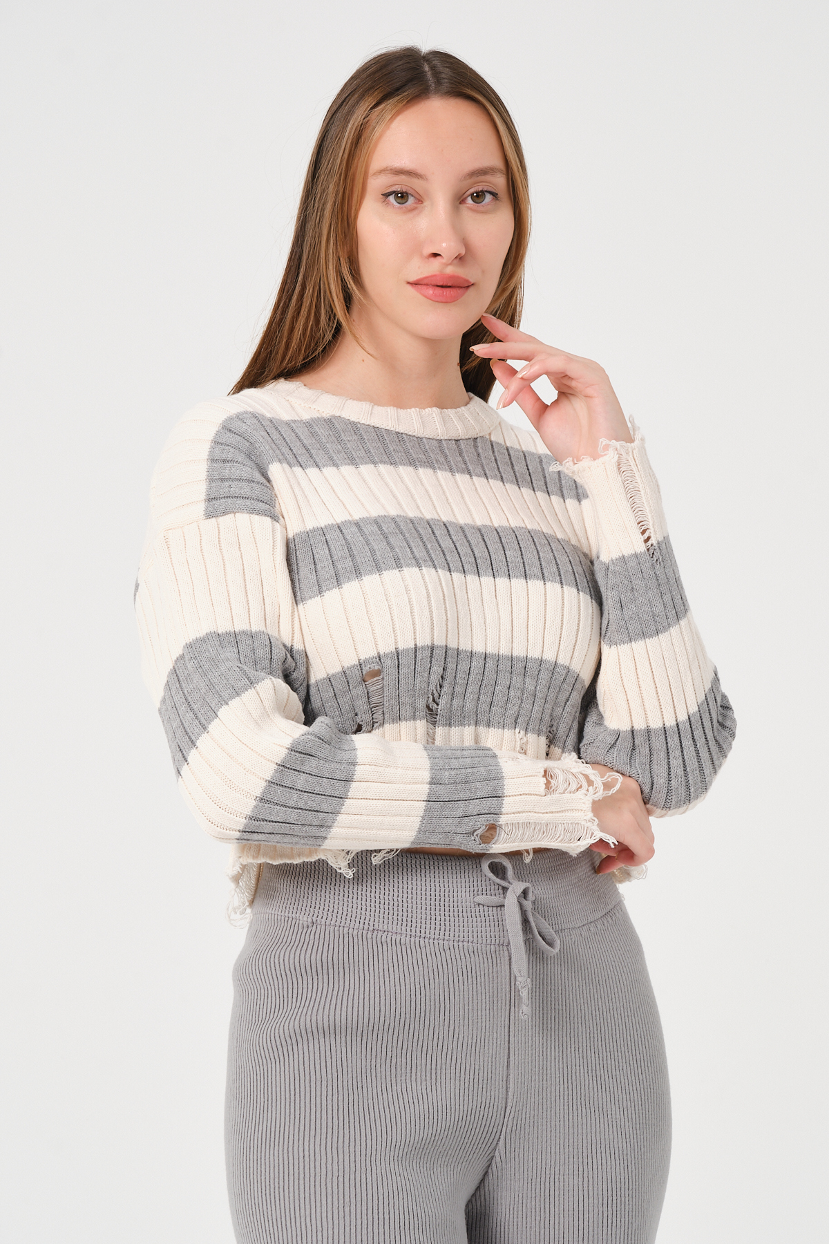 Kadın Lacivert Ekru Çizgili Bisiklet Yaka Triko Kazak