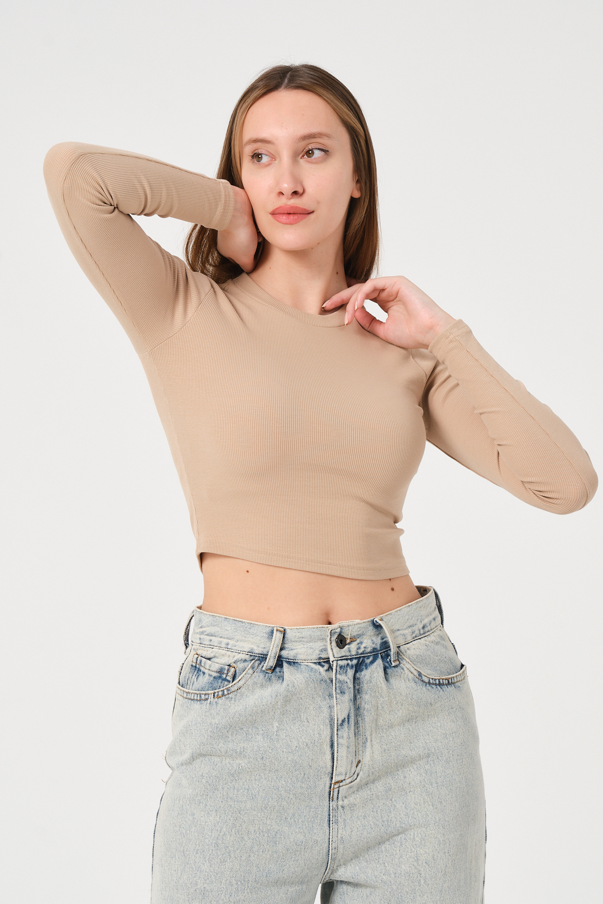 Kadın Vizon Uzun Kollu Fitilli Bluz Crop Örme T-shirt