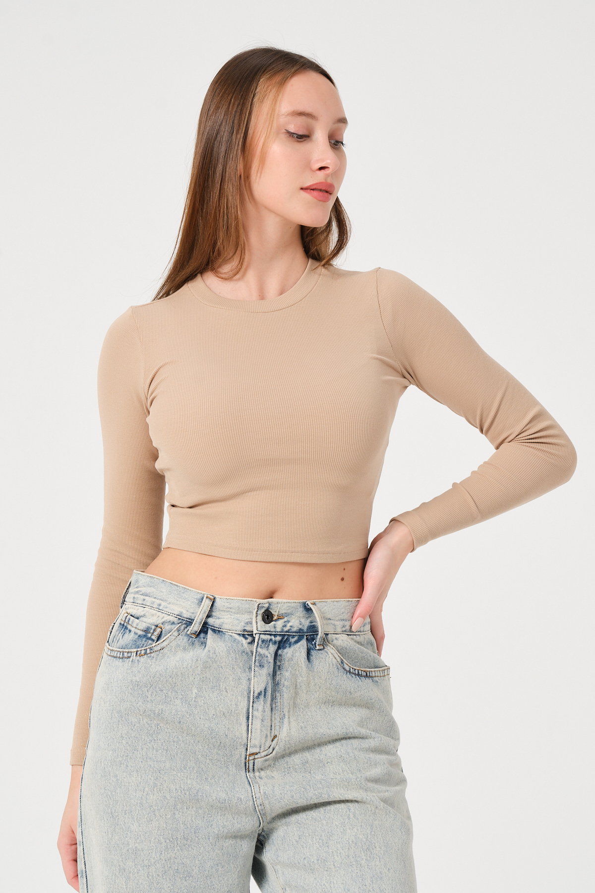 Kadın Vizon Uzun Kollu Fitilli Bluz Crop Örme T-shirt