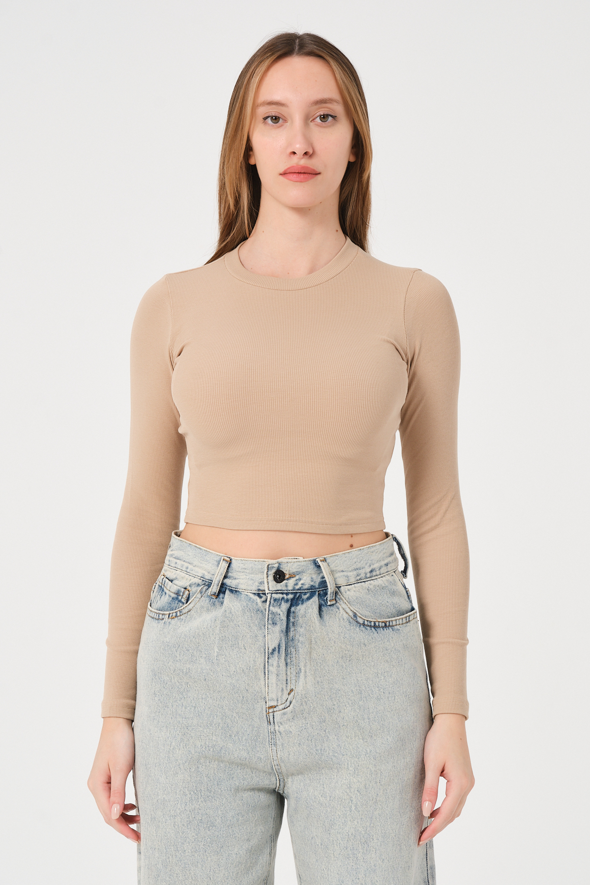 Kadın Vizon Uzun Kollu Fitilli Bluz Crop Örme T-shirt