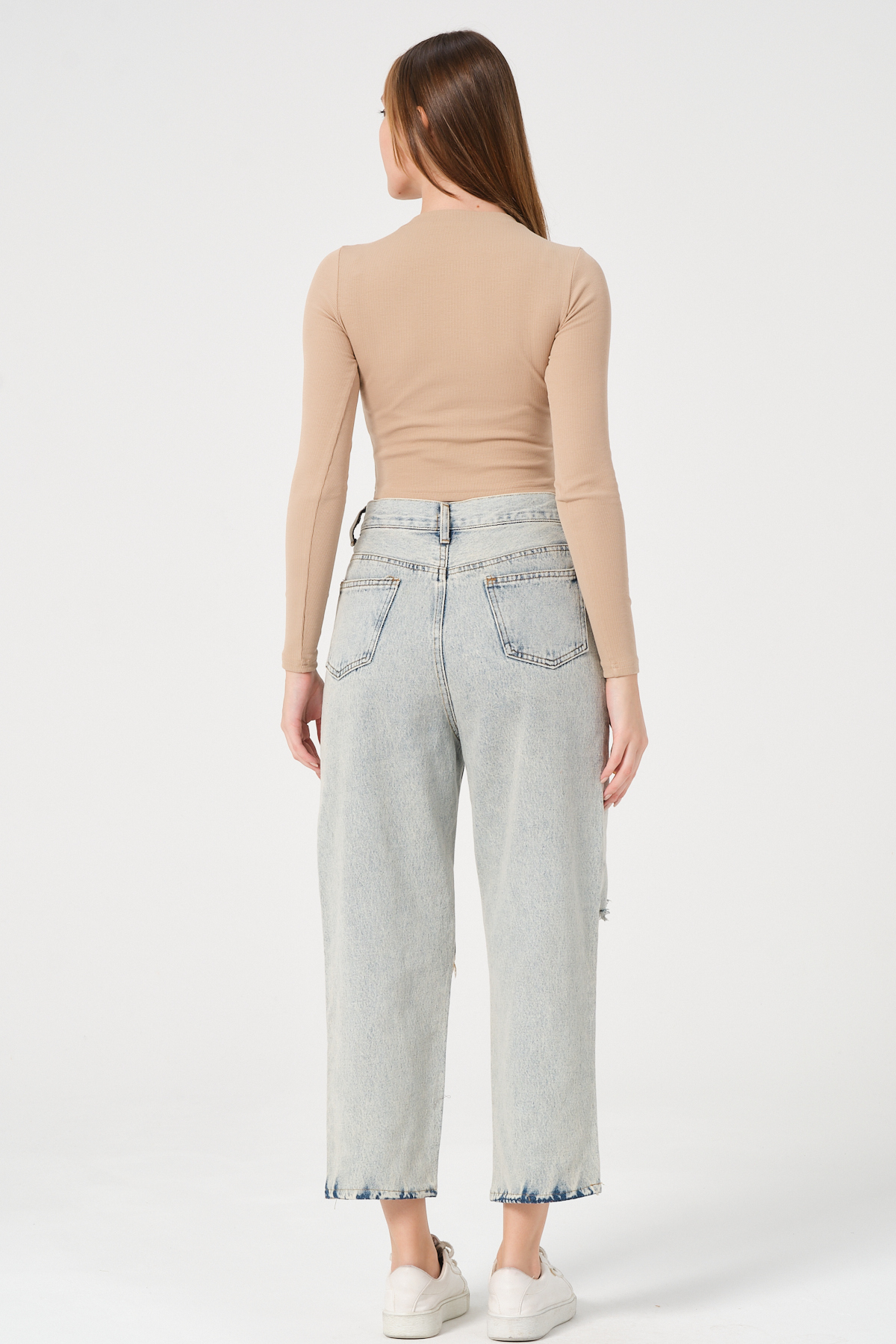 Kadın Vizon Uzun Kollu Fitilli Bluz Crop Örme T-shirt