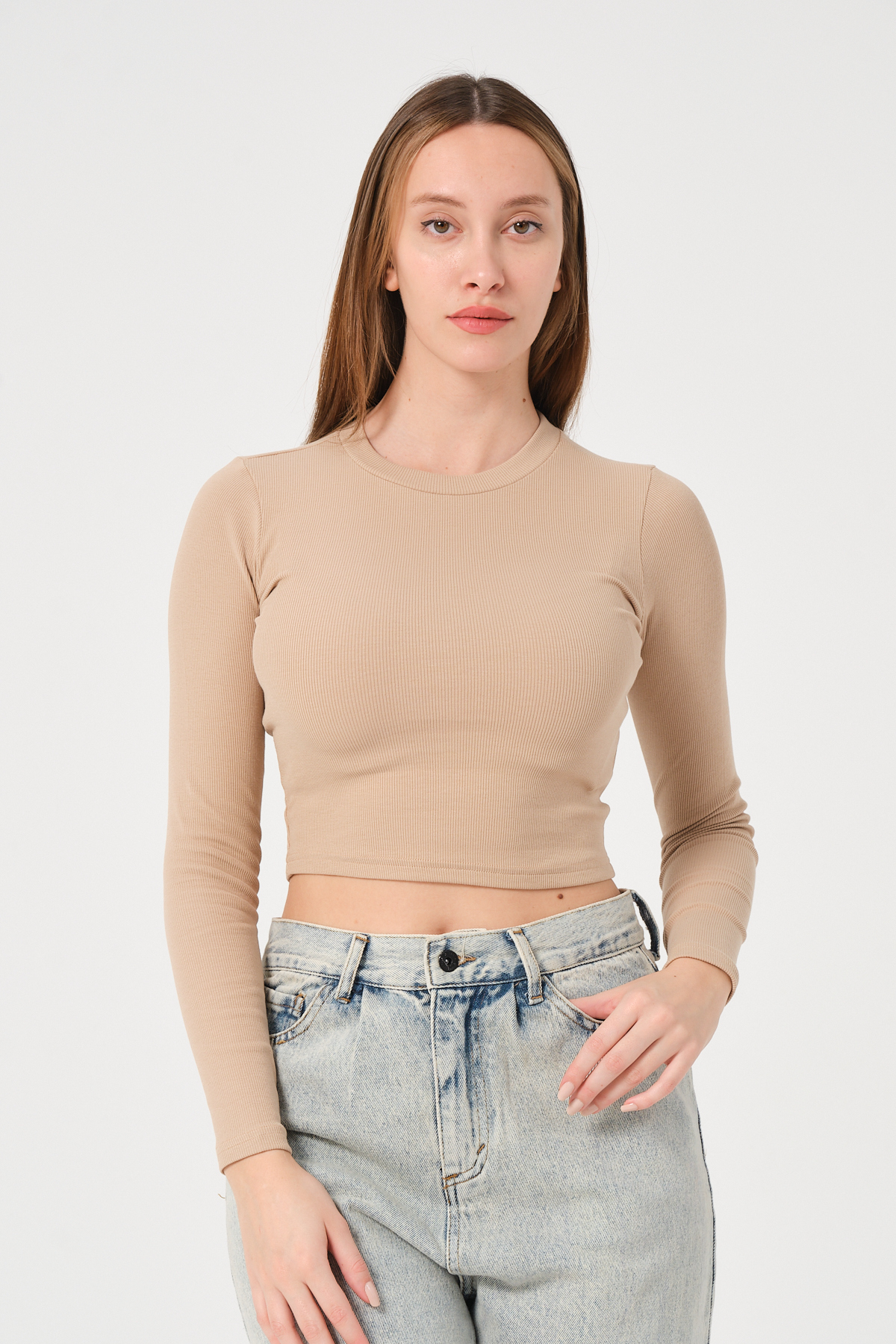 Kadın Vizon Uzun Kollu Fitilli Bluz Crop Örme T-shirt