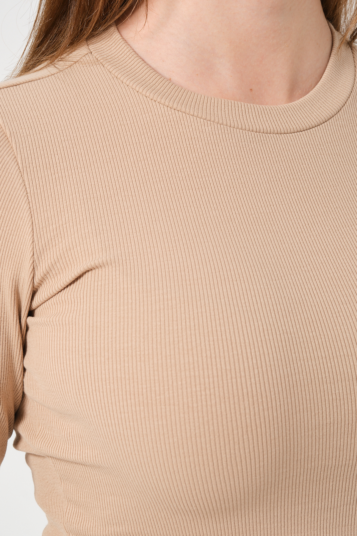 Kadın Vizon Uzun Kollu Fitilli Bluz Crop Örme T-shirt