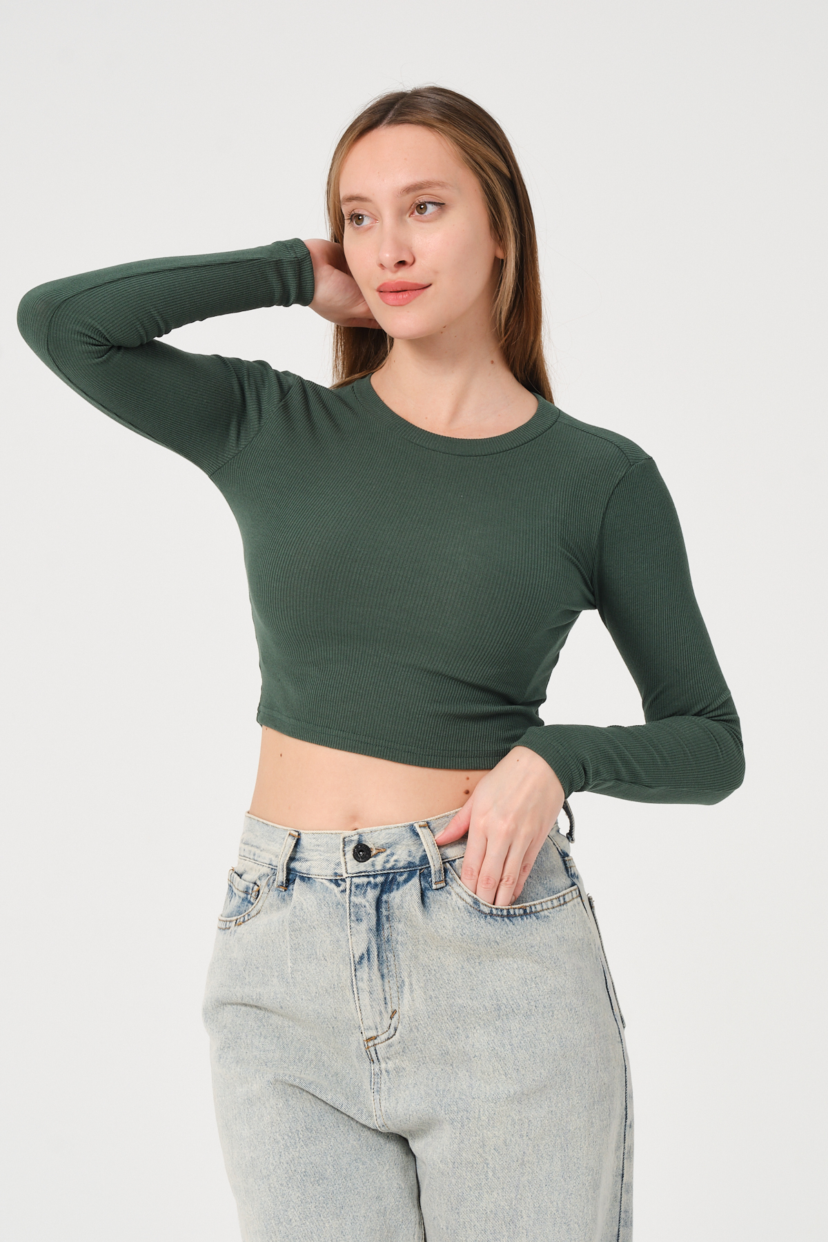 Kadın Vizon Uzun Kollu Fitilli Bluz Crop Örme T-shirt