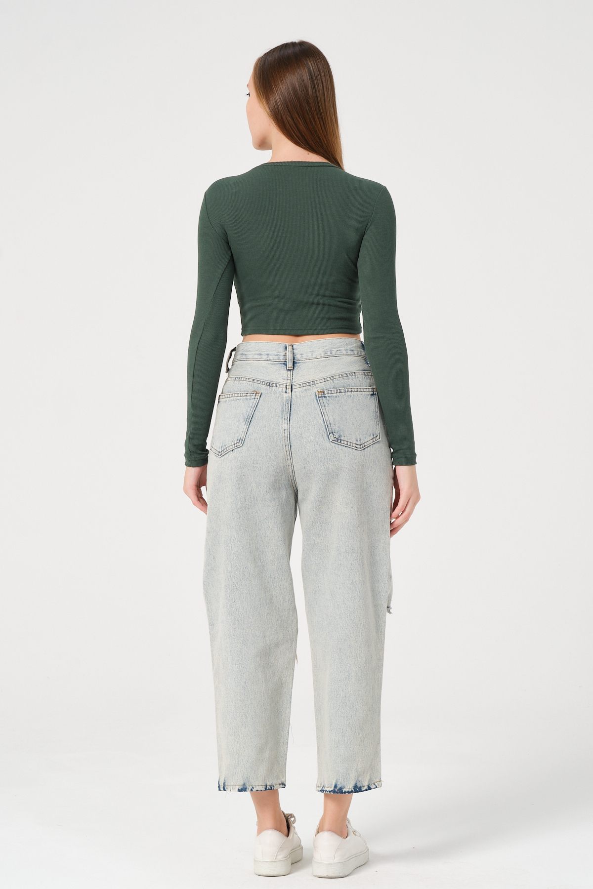 Kadın Vizon Uzun Kollu Fitilli Bluz Crop Örme T-shirt