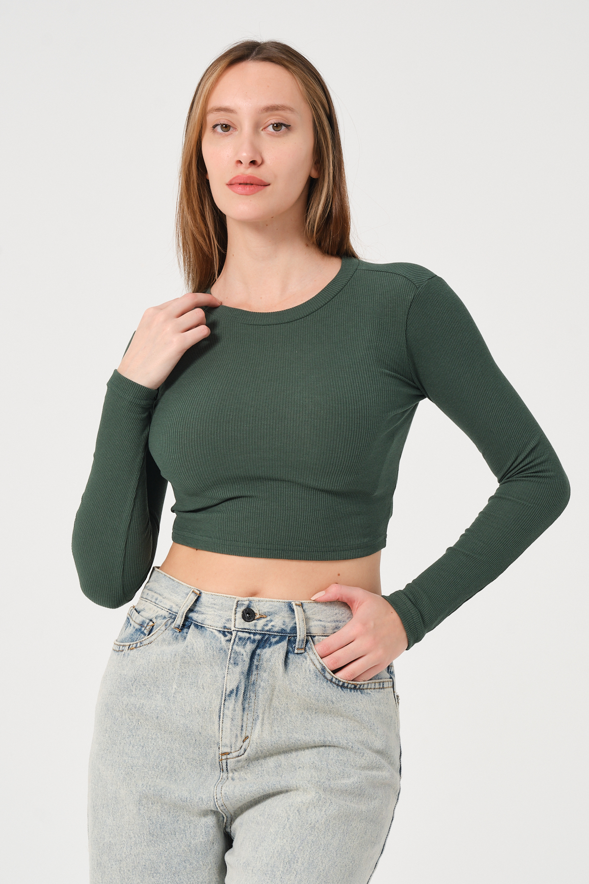 Kadın Vizon Uzun Kollu Fitilli Bluz Crop Örme T-shirt