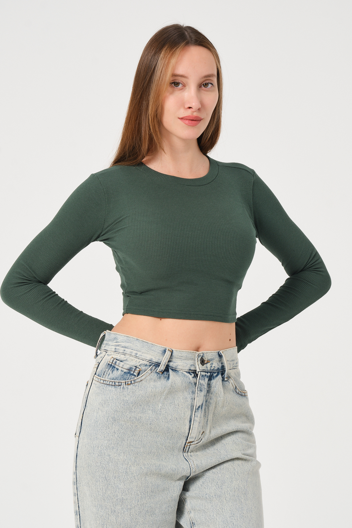 Kadın Vizon Uzun Kollu Fitilli Bluz Crop Örme T-shirt