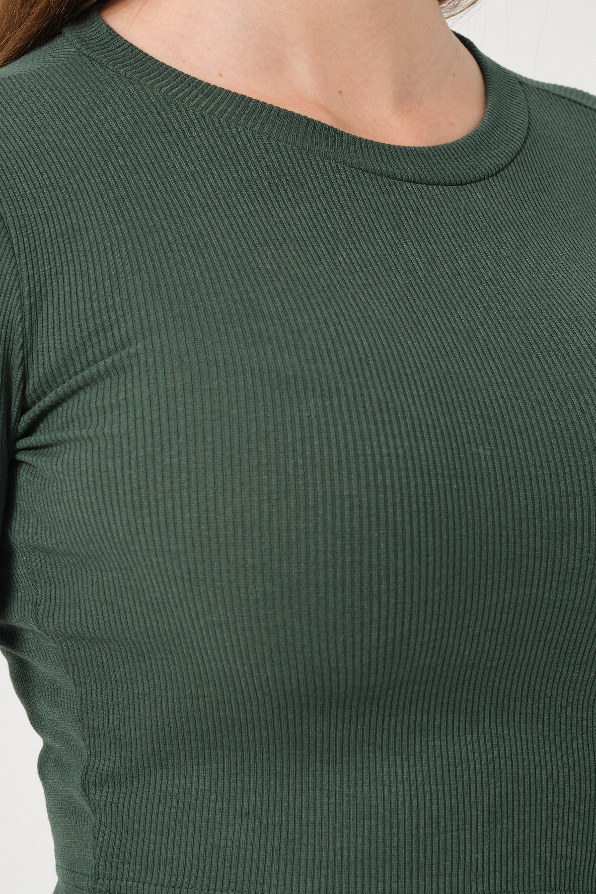 Kadın Vizon Uzun Kollu Fitilli Bluz Crop Örme T-shirt