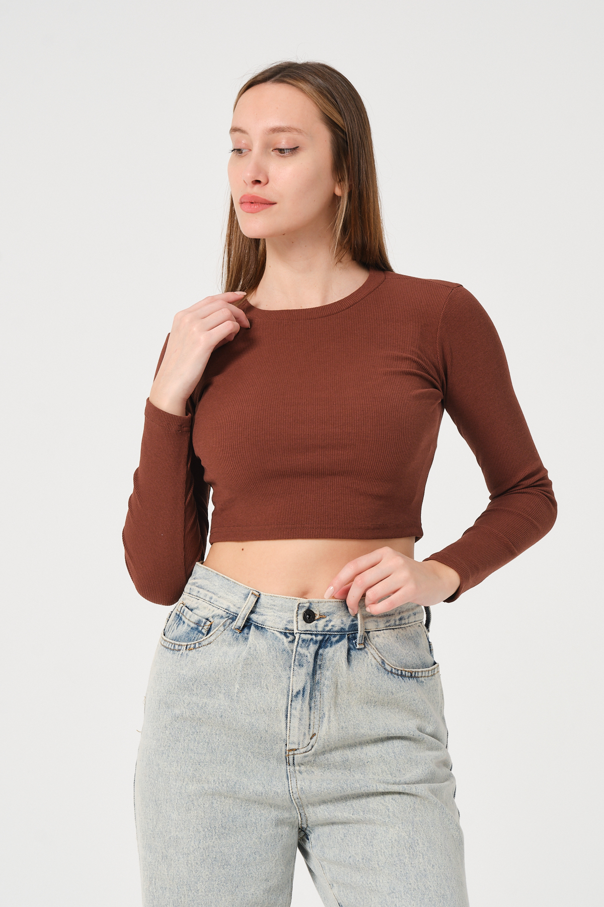 Kadın Vizon Uzun Kollu Fitilli Bluz Crop Örme T-shirt