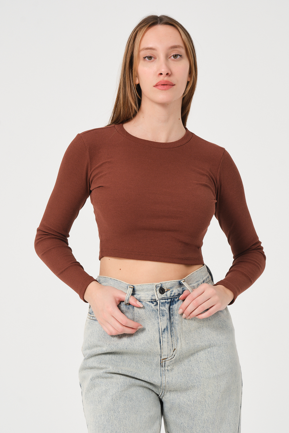 Kadın Vizon Uzun Kollu Fitilli Bluz Crop Örme T-shirt