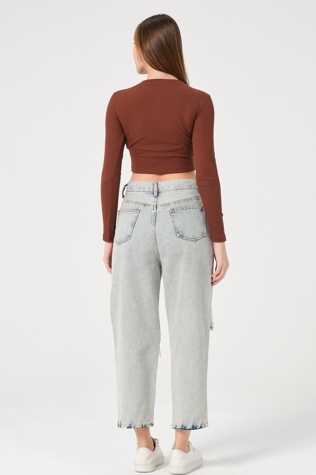 Kadın Vizon Uzun Kollu Fitilli Bluz Crop Örme T-shirt