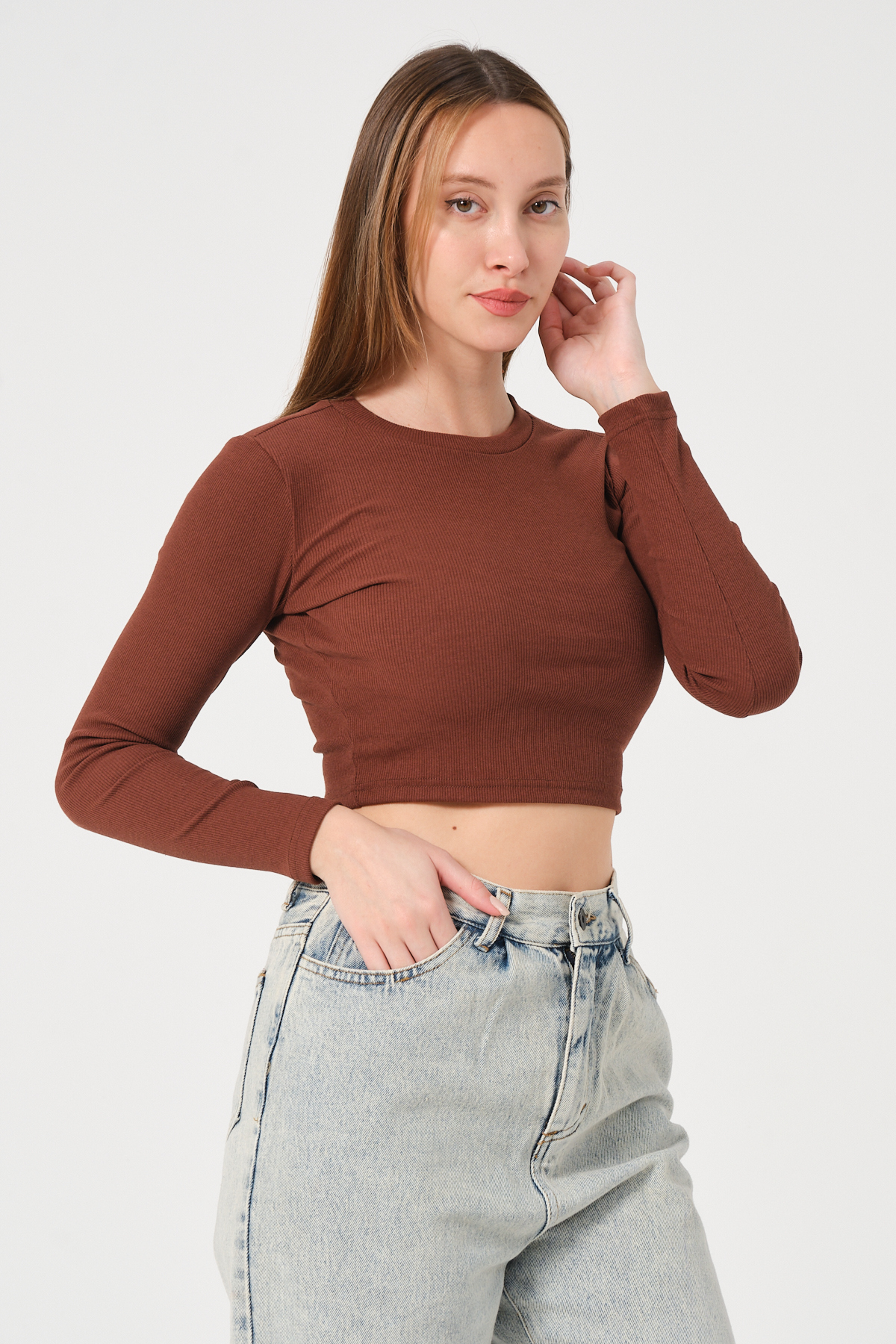 Kadın Vizon Uzun Kollu Fitilli Bluz Crop Örme T-shirt