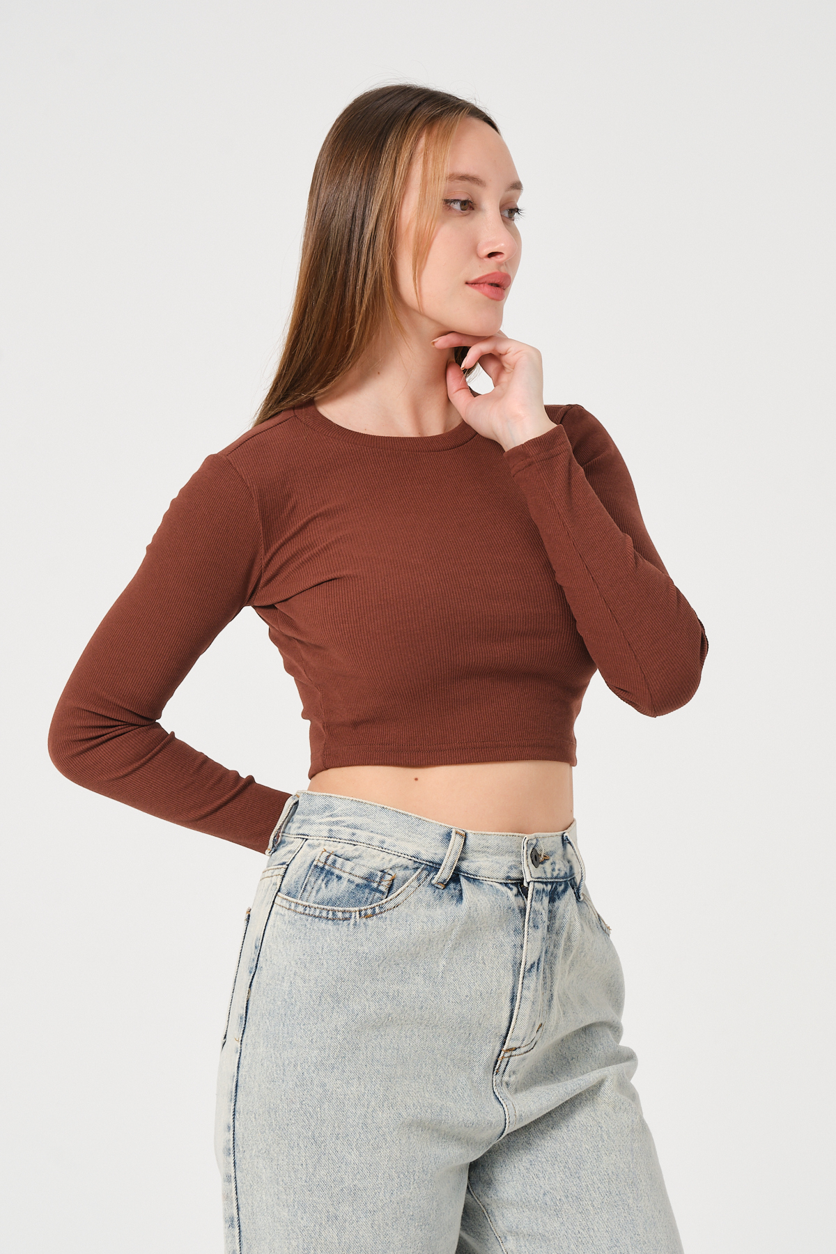 Kadın Vizon Uzun Kollu Fitilli Bluz Crop Örme T-shirt