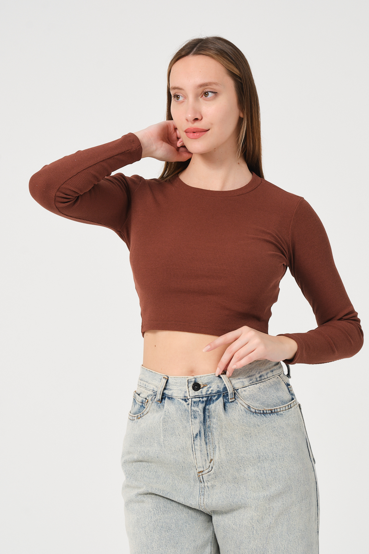 Kadın Vizon Uzun Kollu Fitilli Bluz Crop Örme T-shirt