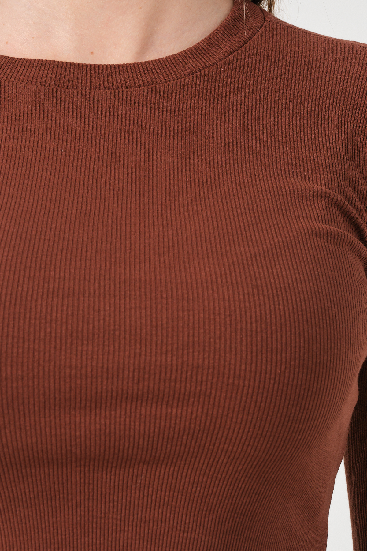 Kadın Vizon Uzun Kollu Fitilli Bluz Crop Örme T-shirt