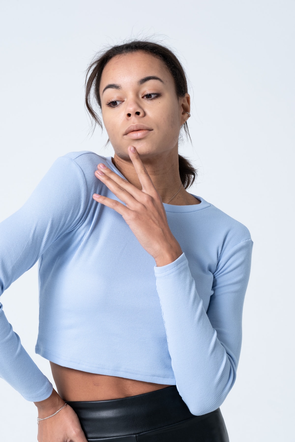 Kadın Vizon Uzun Kollu Fitilli Bluz Crop Örme T-shirt