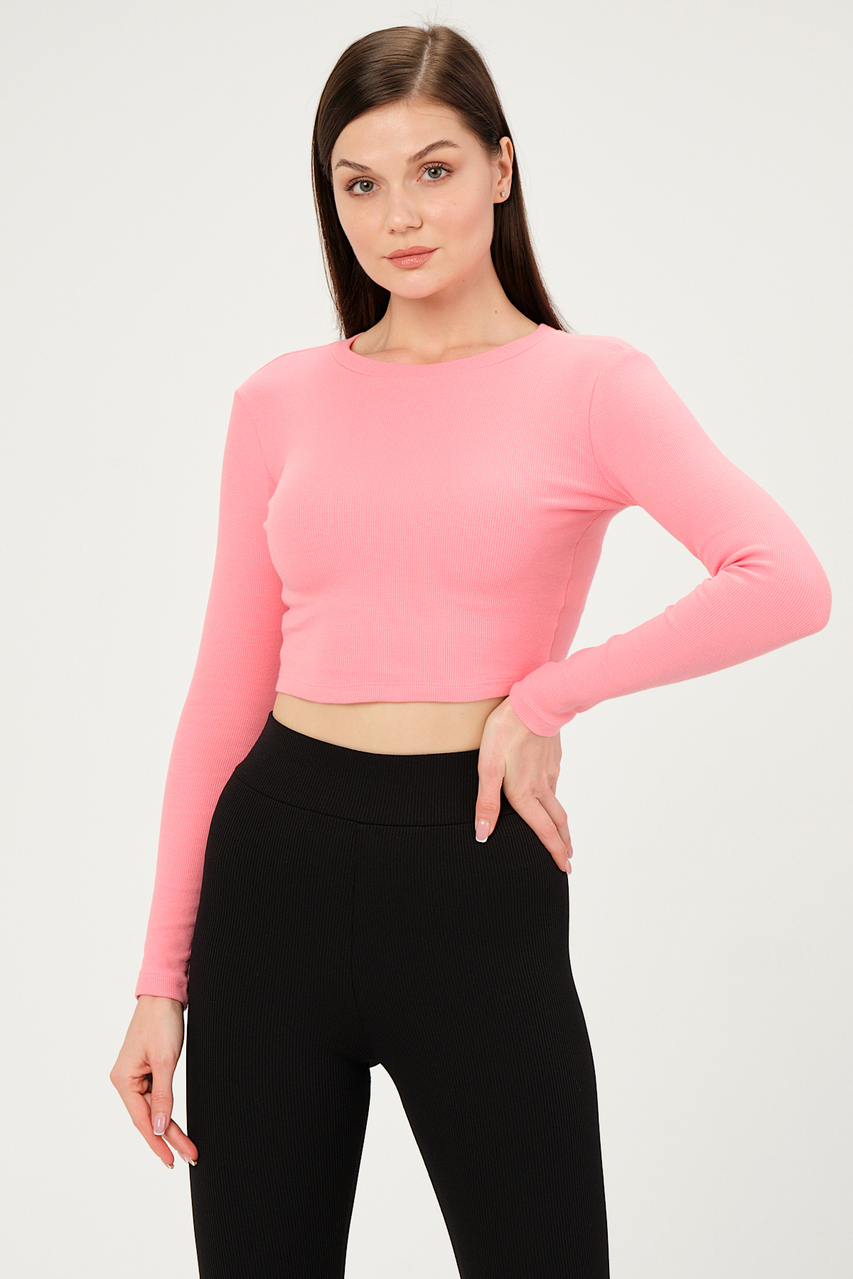 Kadın Vizon Uzun Kollu Fitilli Bluz Crop Örme T-shirt