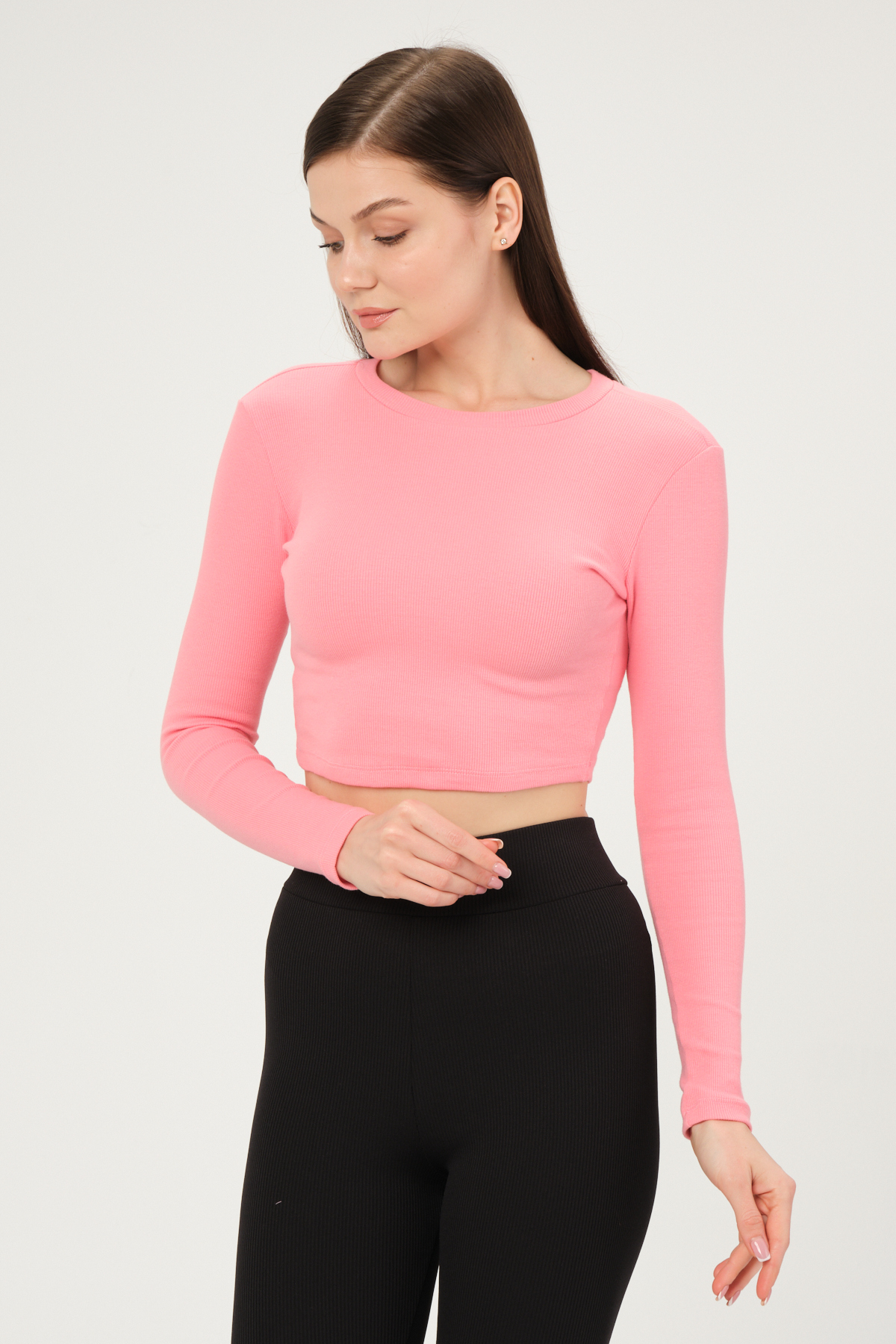 Kadın Vizon Uzun Kollu Fitilli Bluz Crop Örme T-shirt