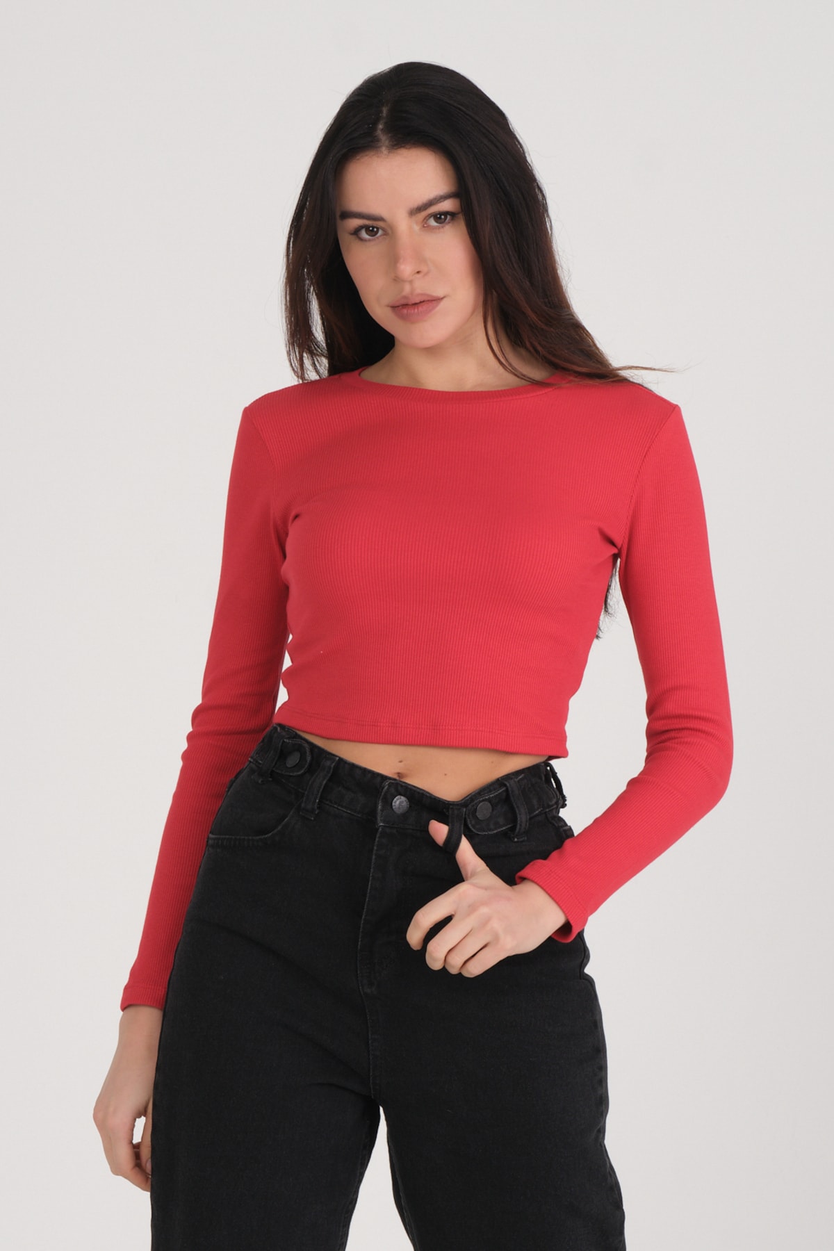 Kadın Vizon Uzun Kollu Fitilli Bluz Crop Örme T-shirt