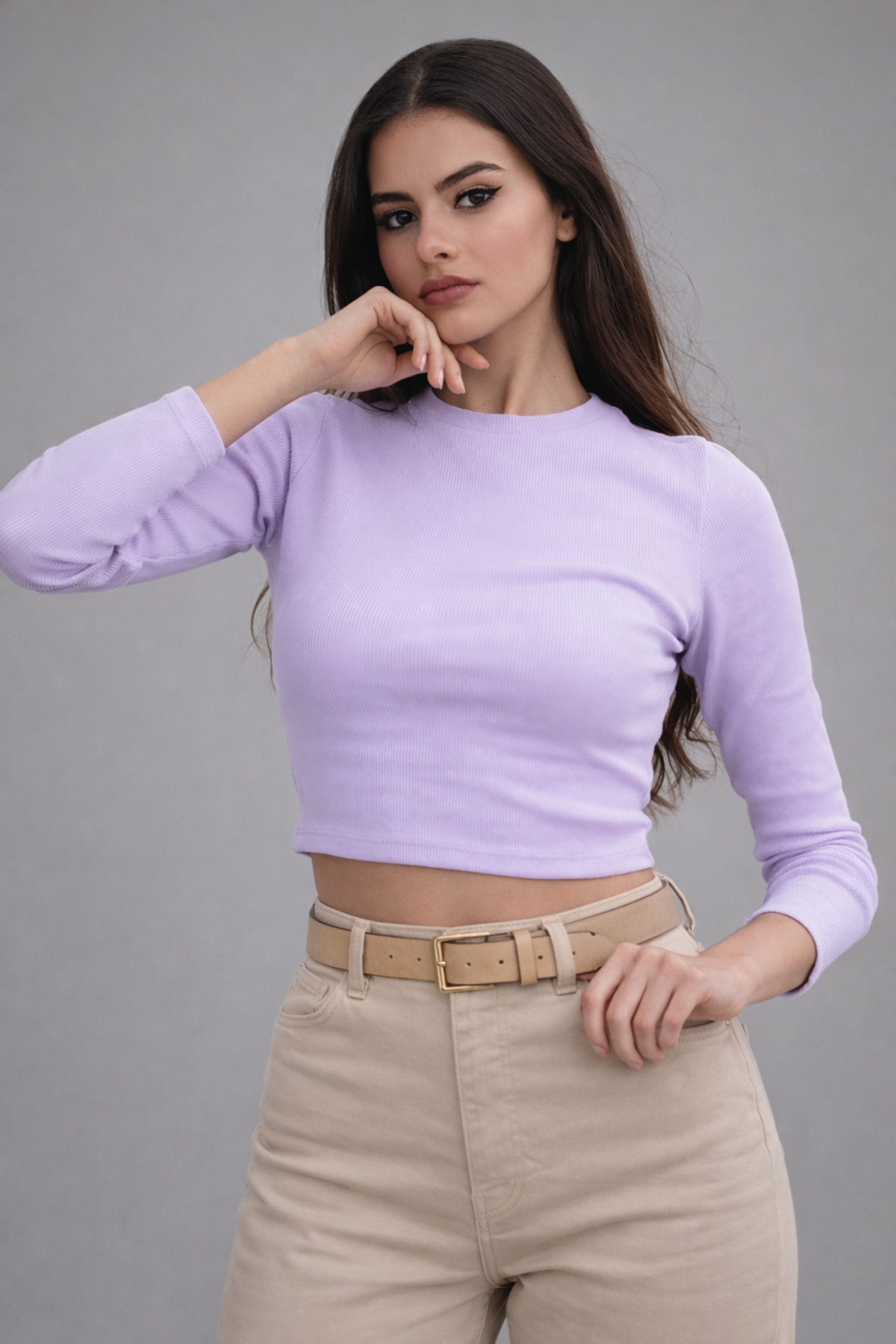 Kadın Vizon Uzun Kollu Fitilli Bluz Crop Örme T-shirt