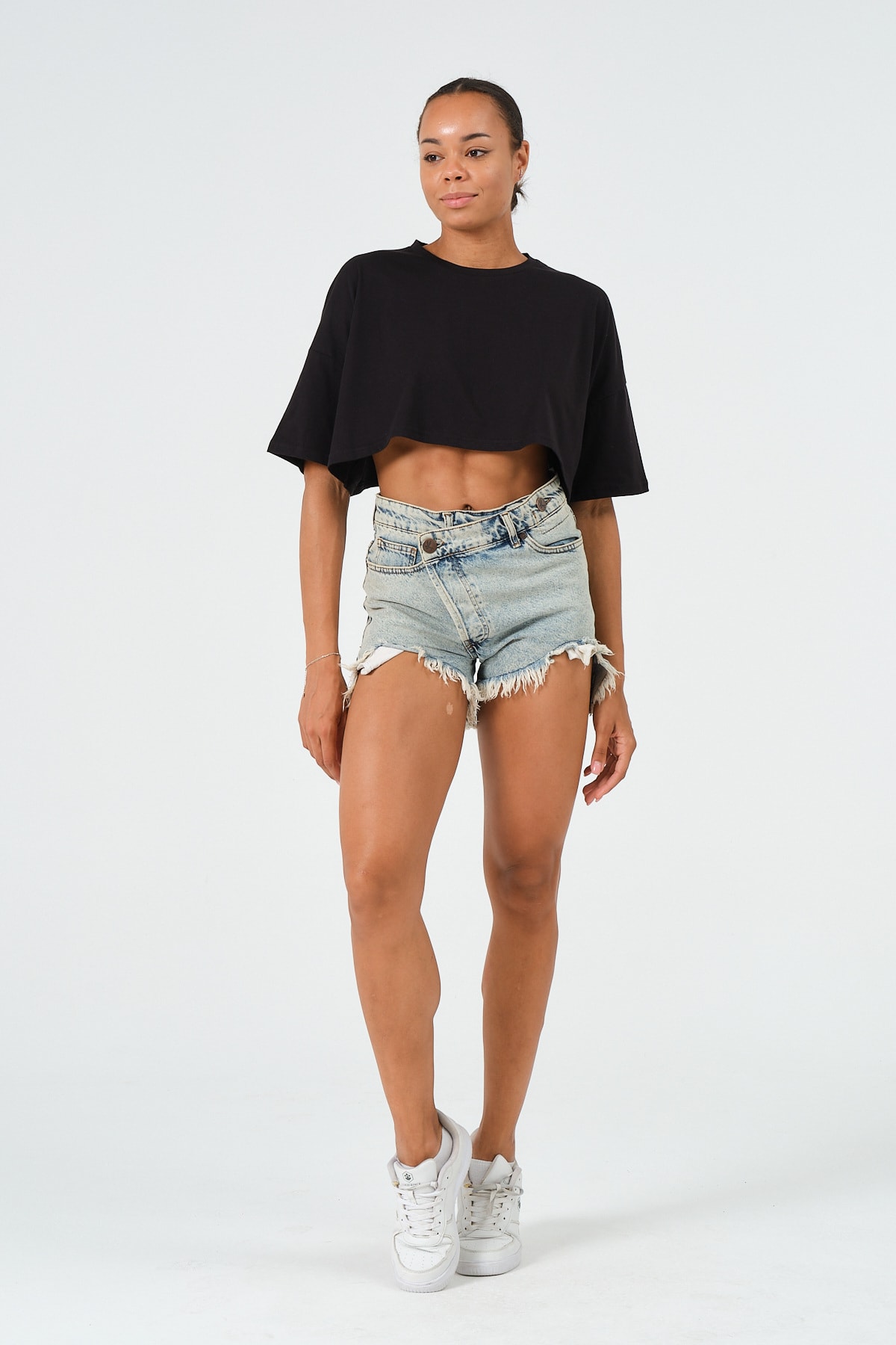 Kadın Mavi Oversize Crop T-Shirt