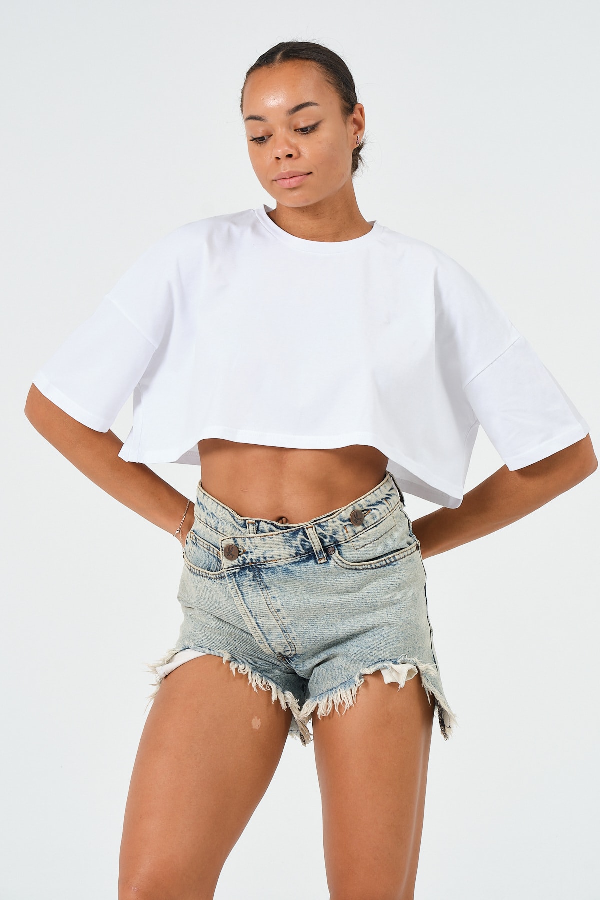 Kadın Mavi Oversize Crop T-Shirt