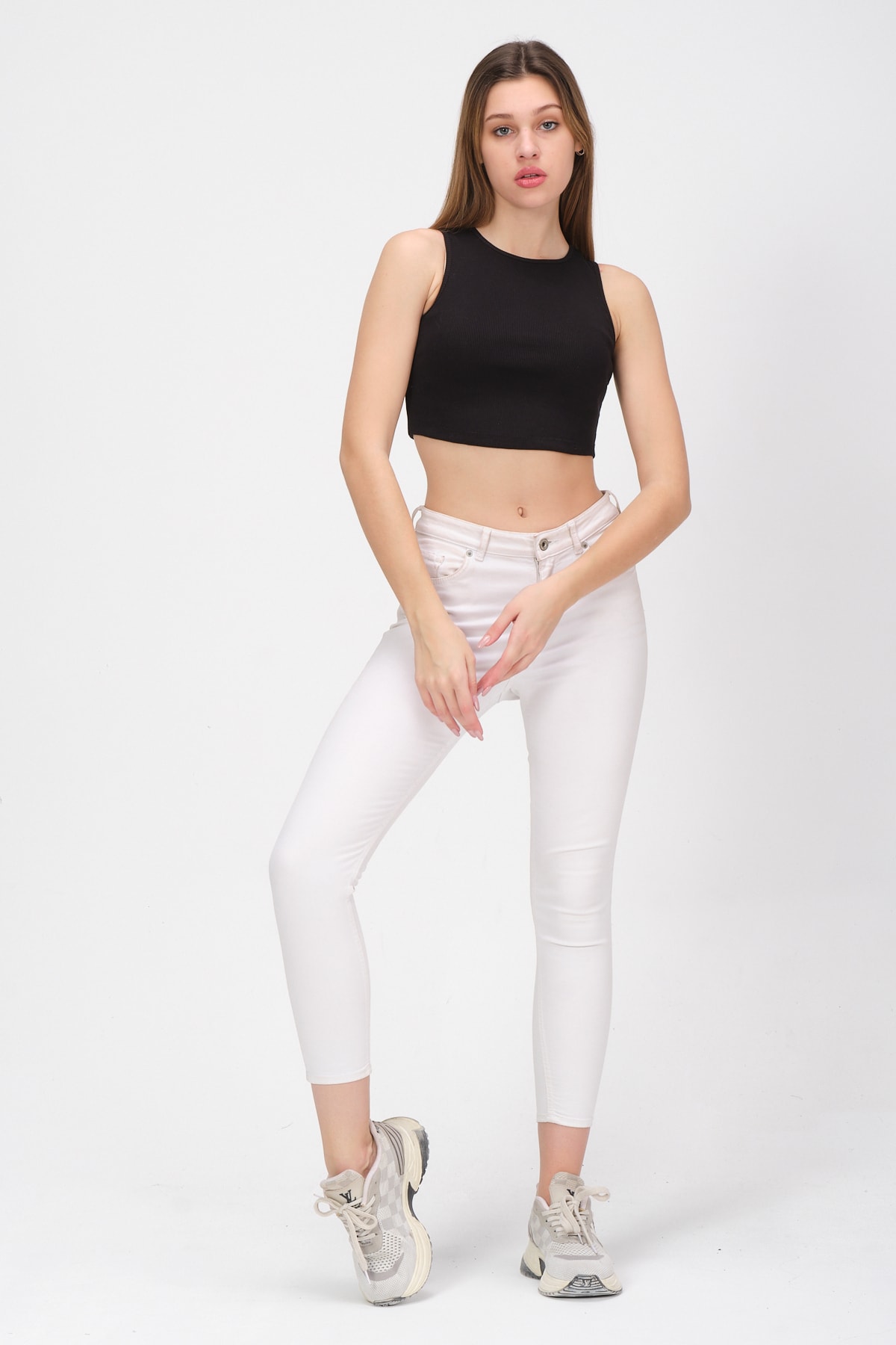 Kadın Pembe Bisiklet Yaka Crop Top Kolsuz Kaşkorse T-shirt