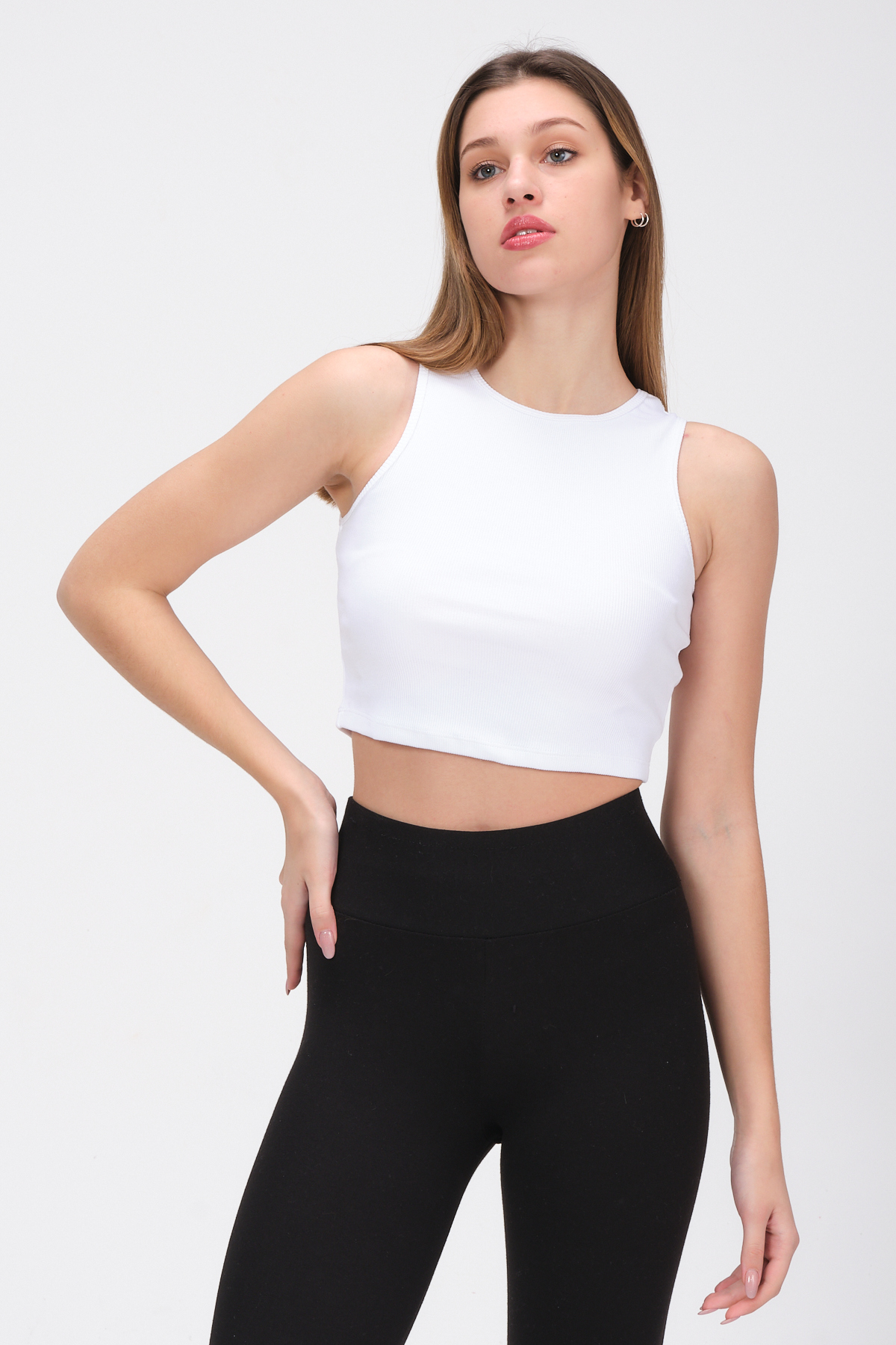 Kadın Pembe Bisiklet Yaka Crop Top Kolsuz Kaşkorse T-shirt