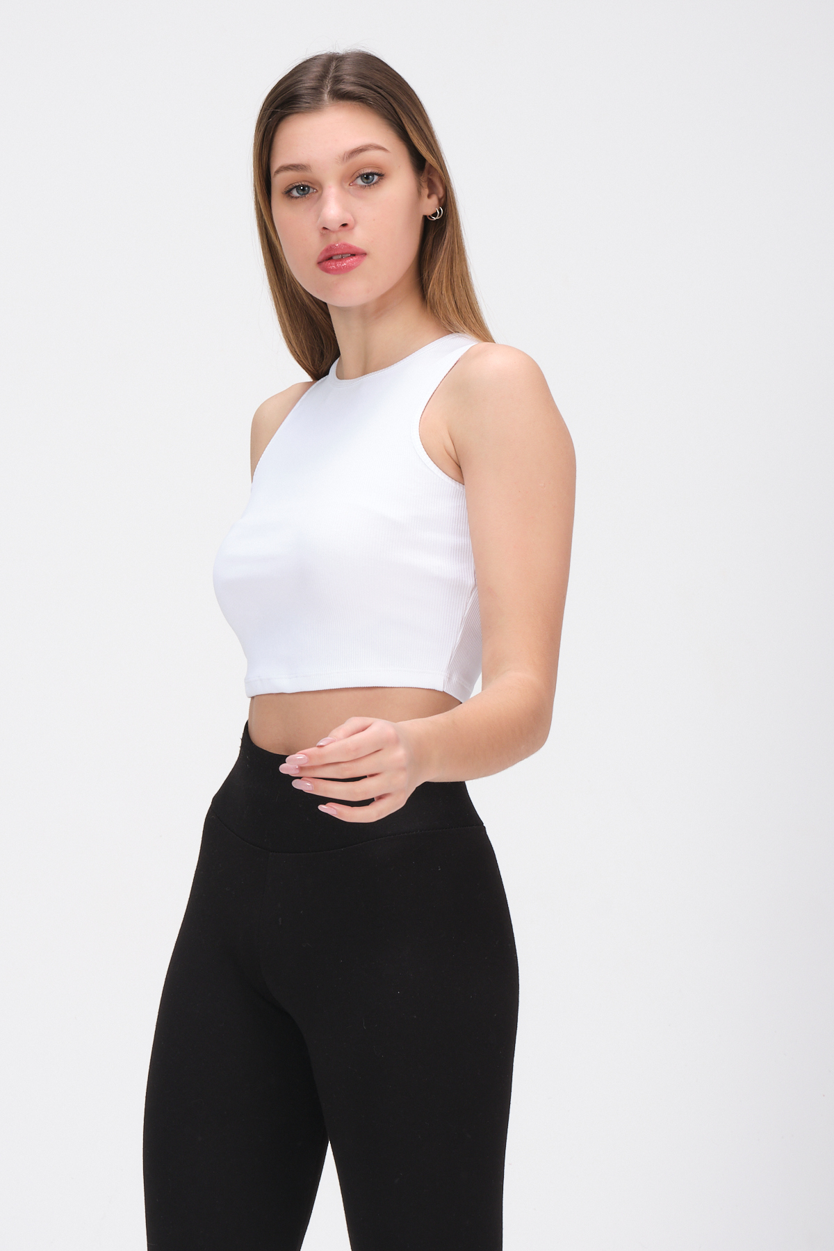 Kadın Pembe Bisiklet Yaka Crop Top Kolsuz Kaşkorse T-shirt