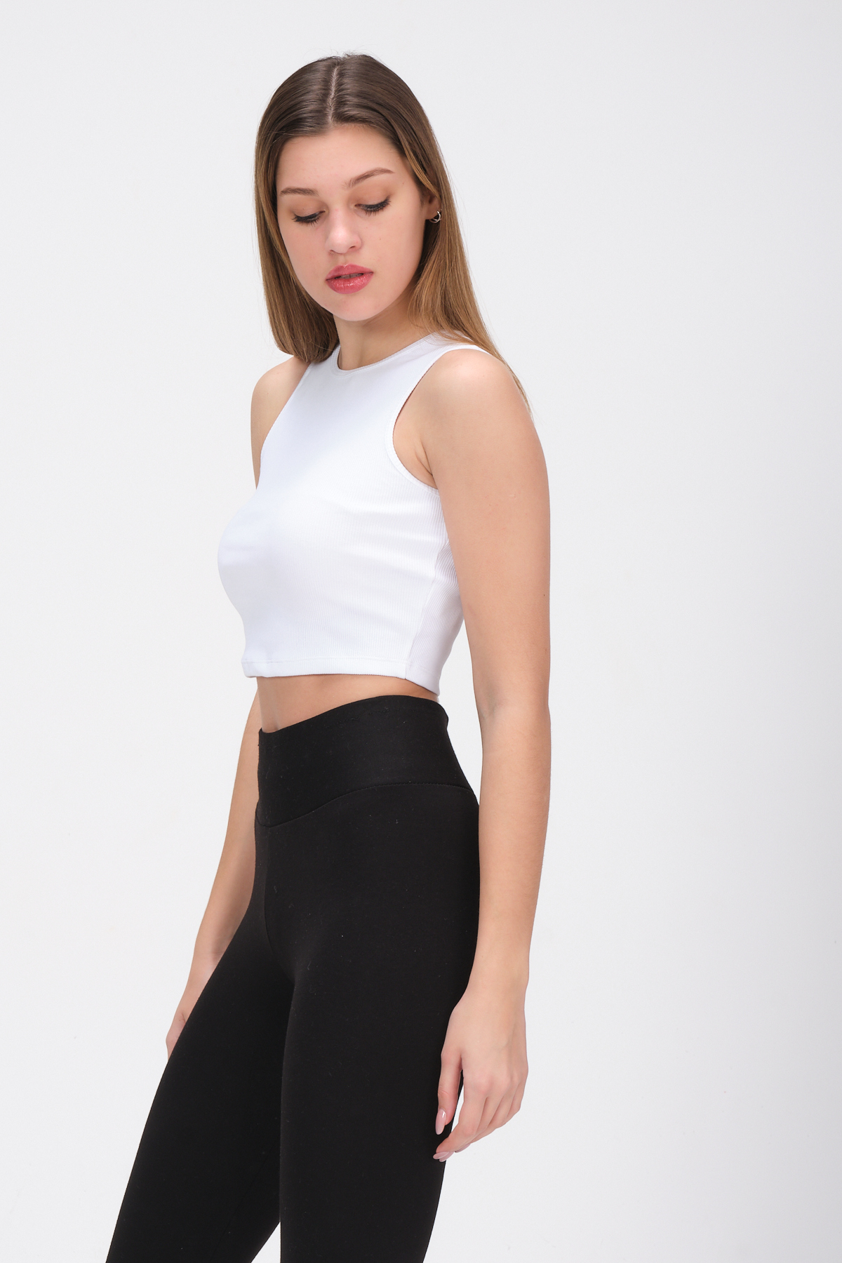 Kadın Pembe Bisiklet Yaka Crop Top Kolsuz Kaşkorse T-shirt