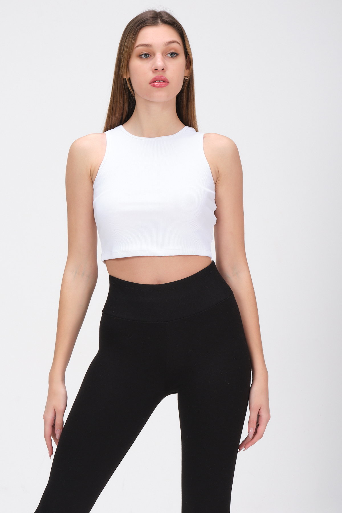 Kadın Pembe Bisiklet Yaka Crop Top Kolsuz Kaşkorse T-shirt