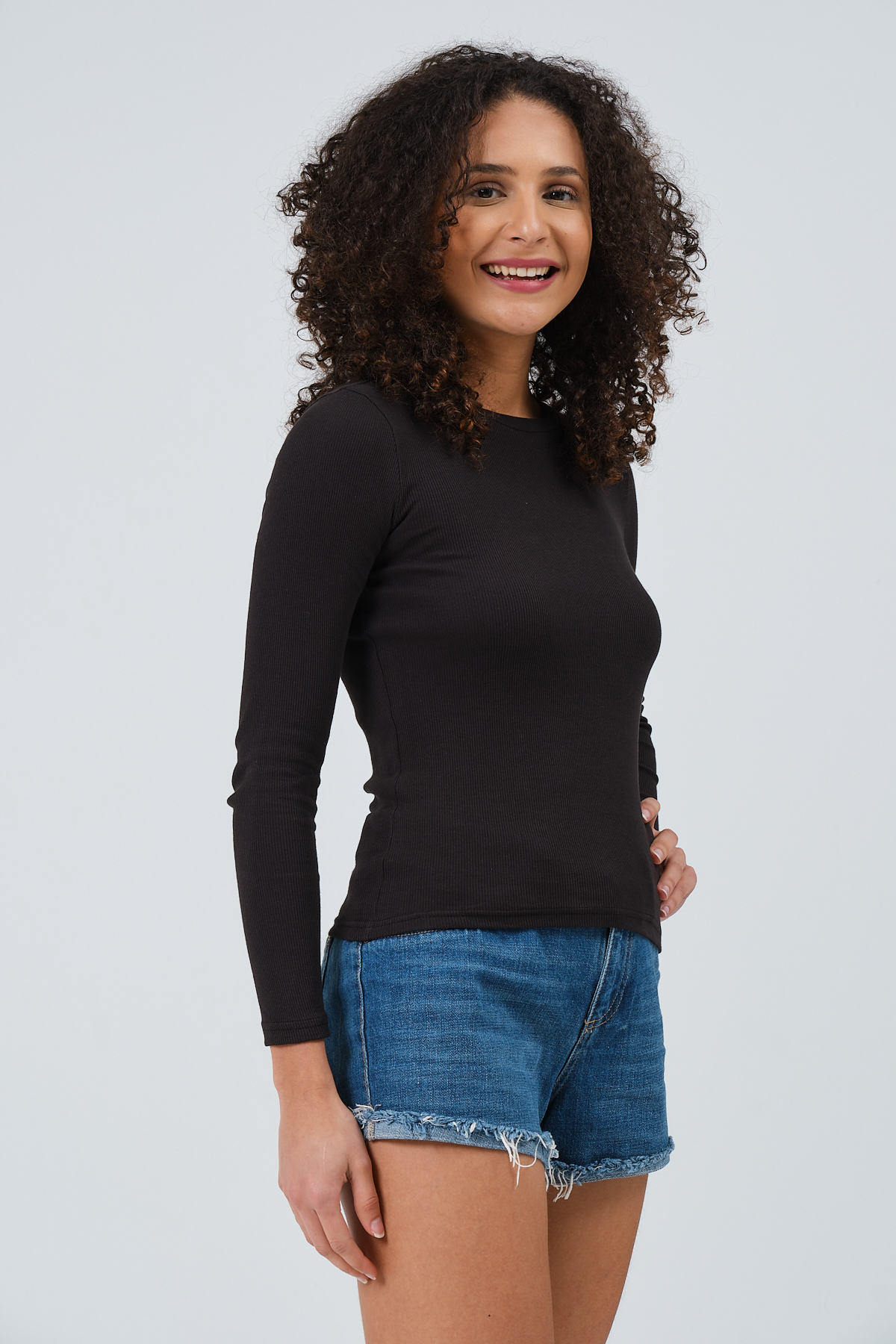 Kadın Gül Kurusu Tam Boy Uzun Kollu Bisiklet Yaka Fitilli T-shirt Bluz