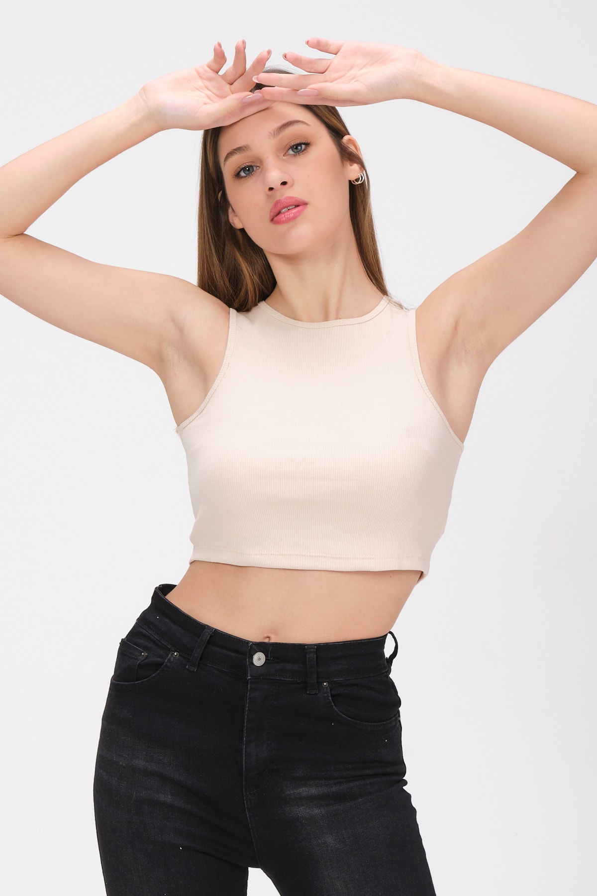 Kadın Pembe Bisiklet Yaka Crop Top Kolsuz Kaşkorse T-shirt