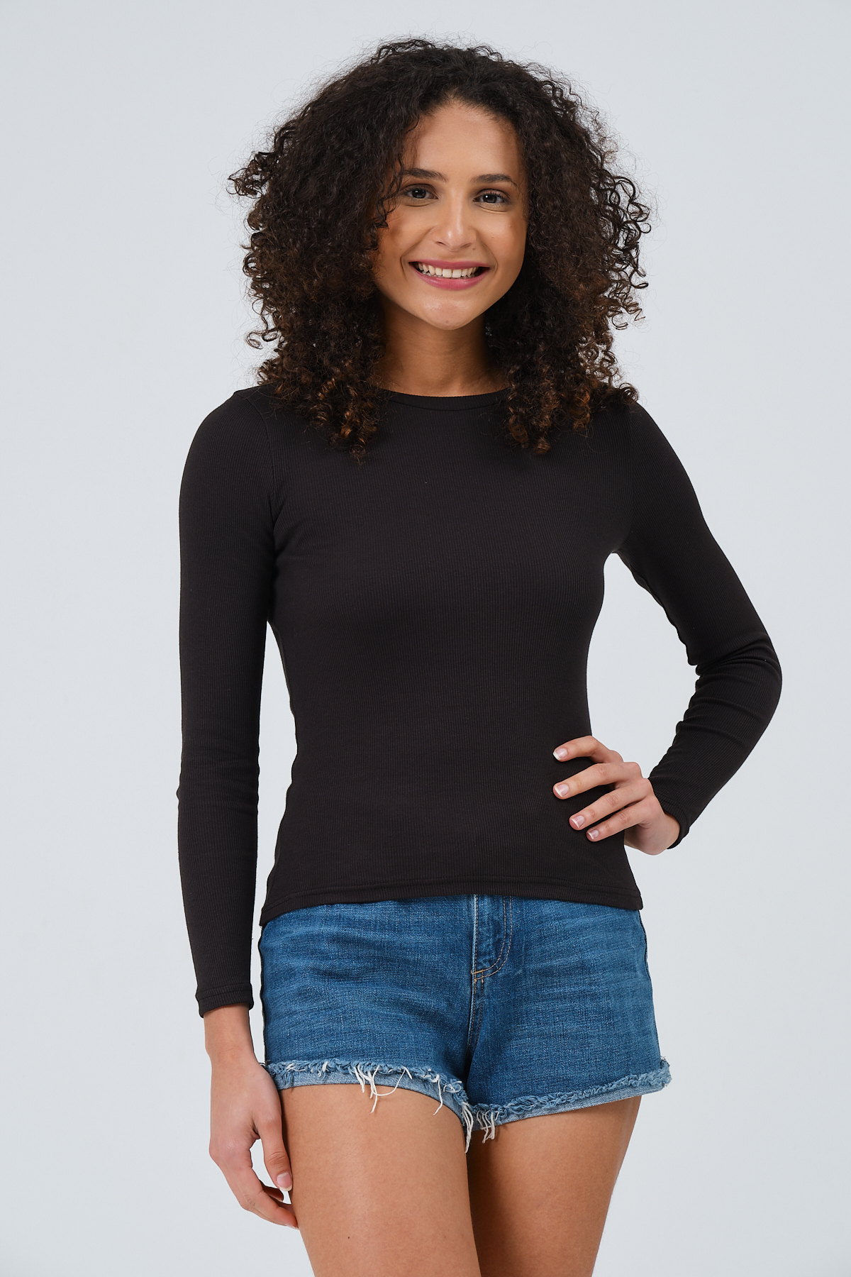 Kadın Gül Kurusu Tam Boy Uzun Kollu Bisiklet Yaka Fitilli T-shirt Bluz