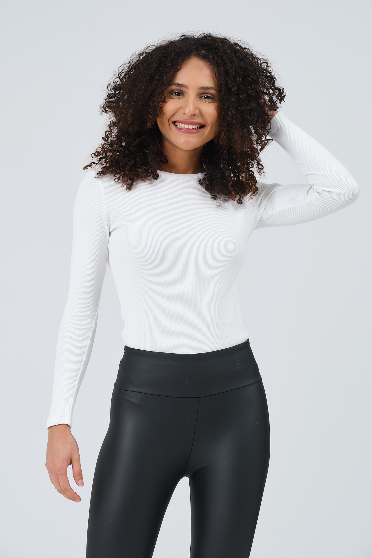 Kadın Gri Uzun Kollu Bisiklet Yaka Tam Boy Örme Bluz