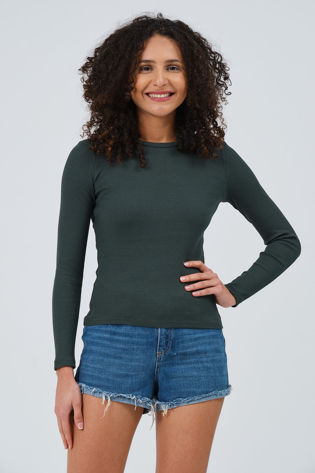 Kadın Gri Uzun Kollu Bisiklet Yaka Tam Boy Örme Bluz