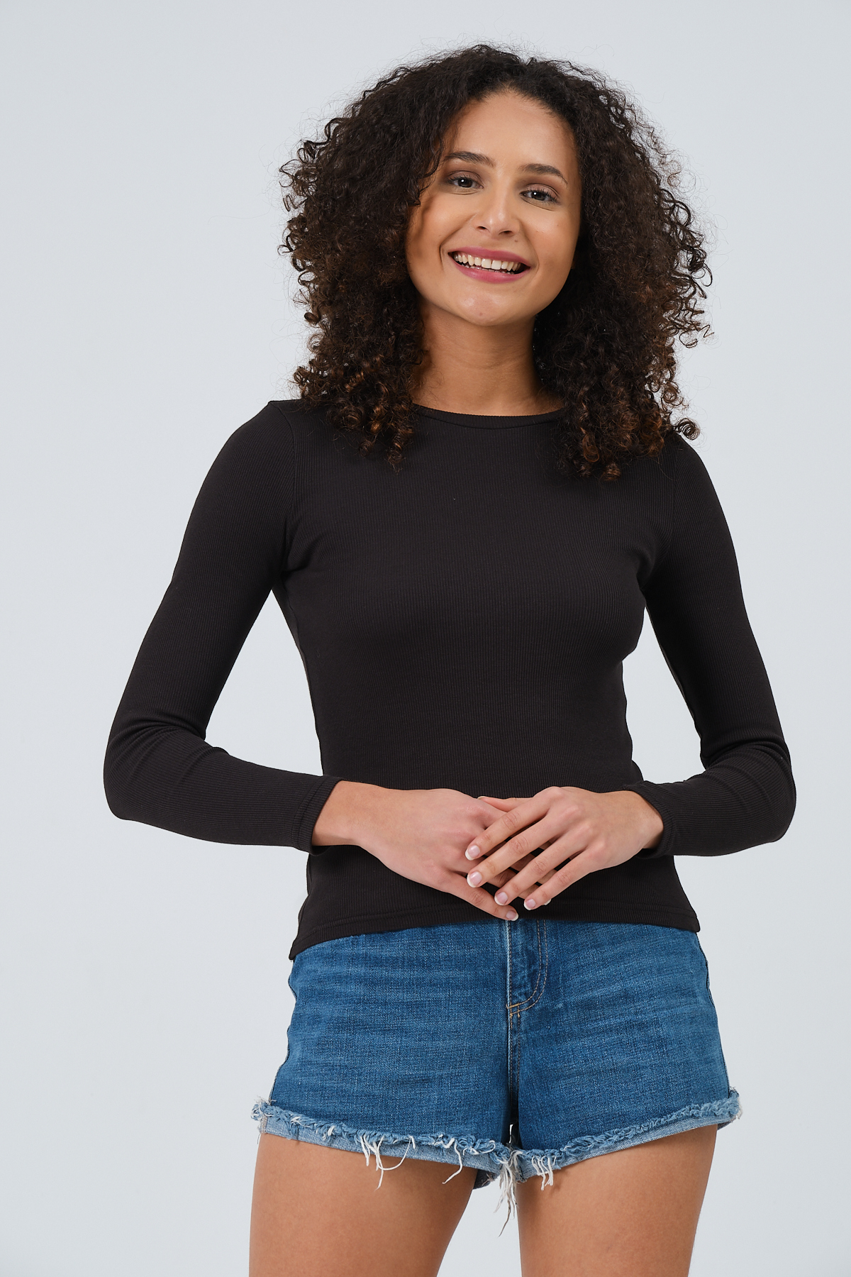 Kadın Gül Kurusu Tam Boy Uzun Kollu Bisiklet Yaka Fitilli T-shirt Bluz