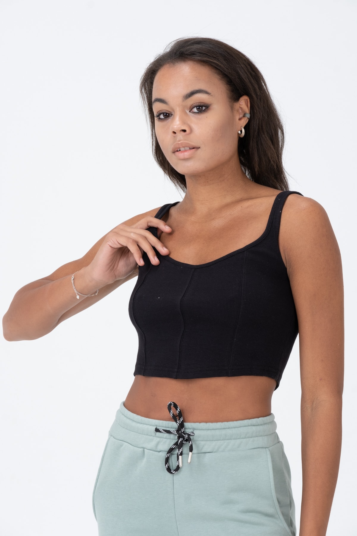 Kadın Yeşil Kalın Askılı Crop Bluz