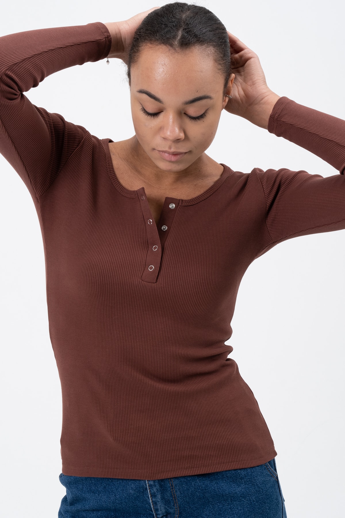 Kadın Kahverengi Çıtçıtlı Örme Uzun Kollu Bluz