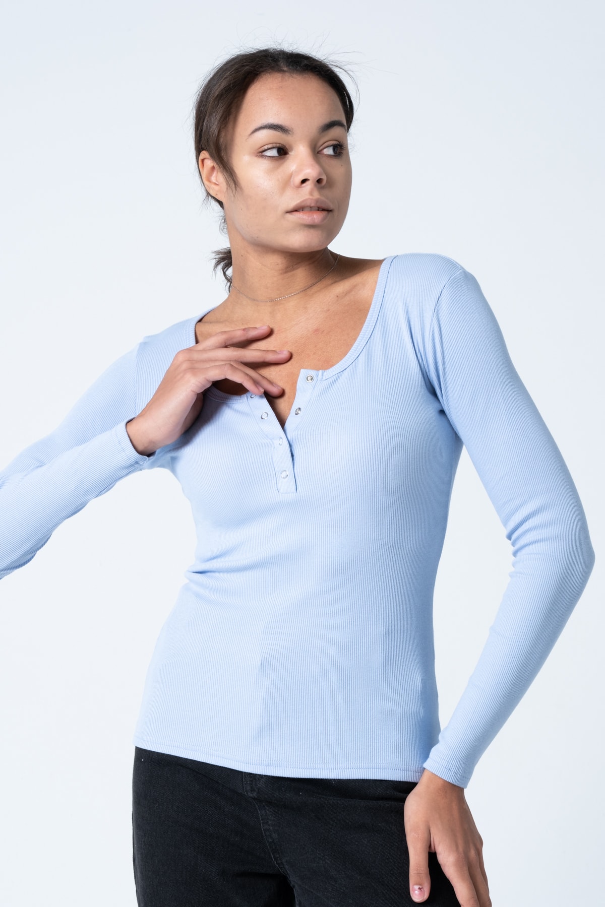 Kadın Kahverengi Çıtçıtlı Örme Uzun Kollu Bluz