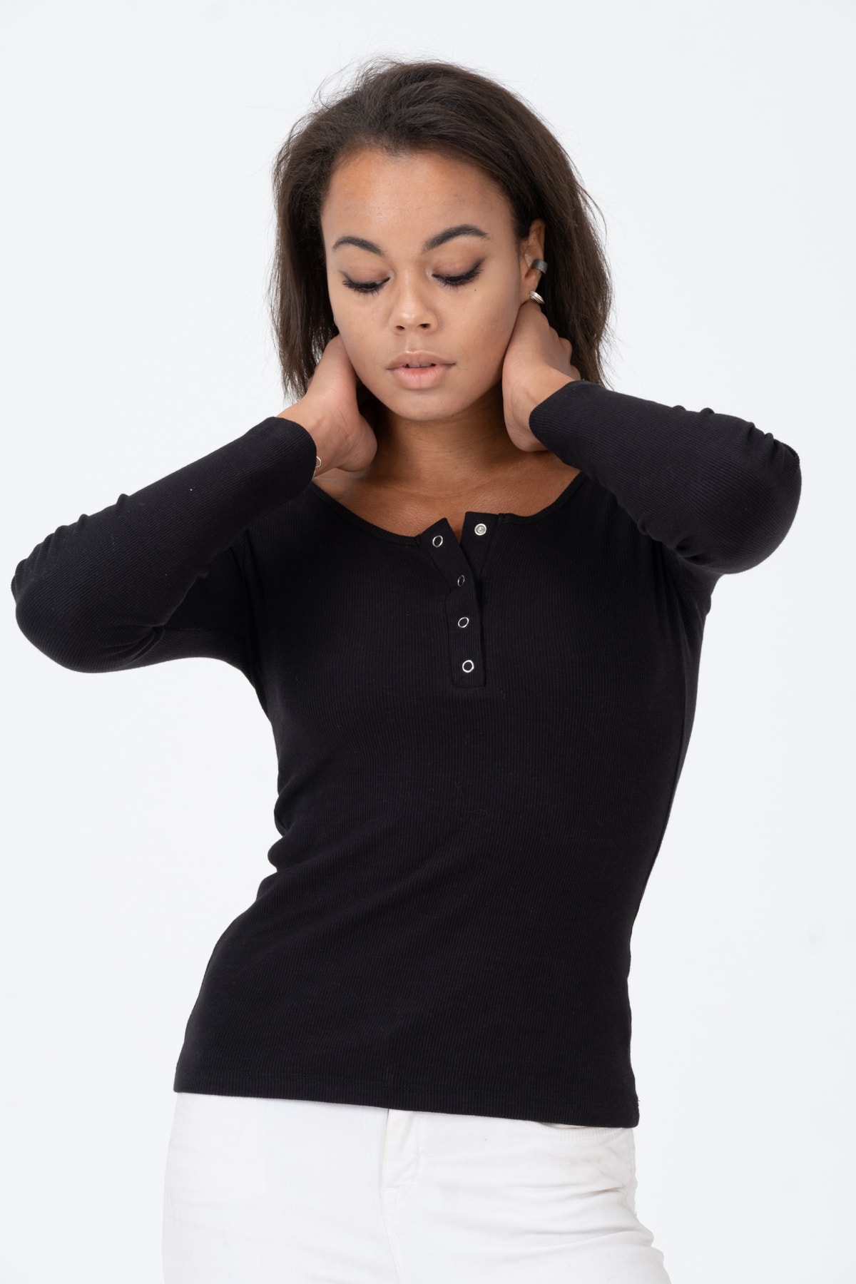 Kadın Kahverengi Çıtçıtlı Örme Uzun Kollu Bluz