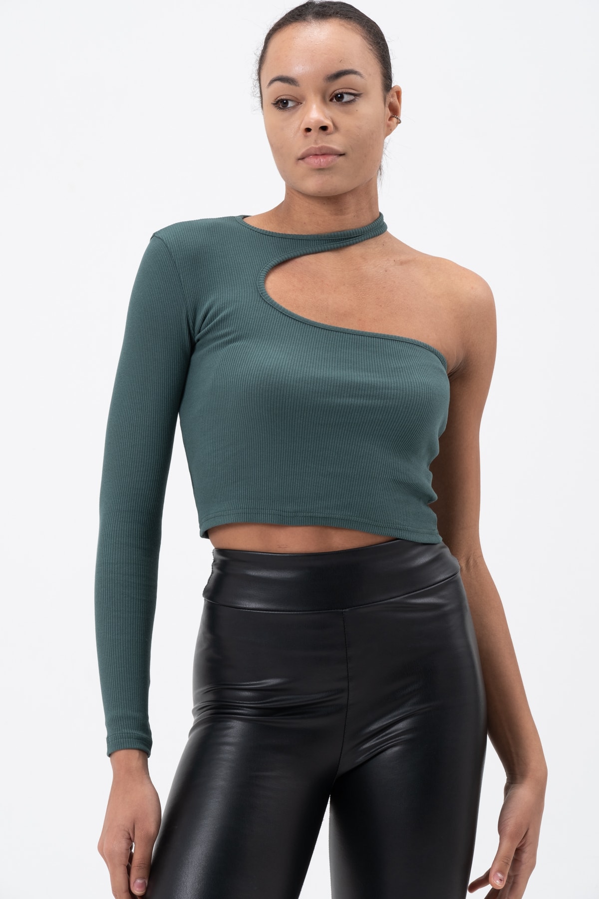 Kadın Petrol Yeşili Dekolte Tek Kollu Bluz