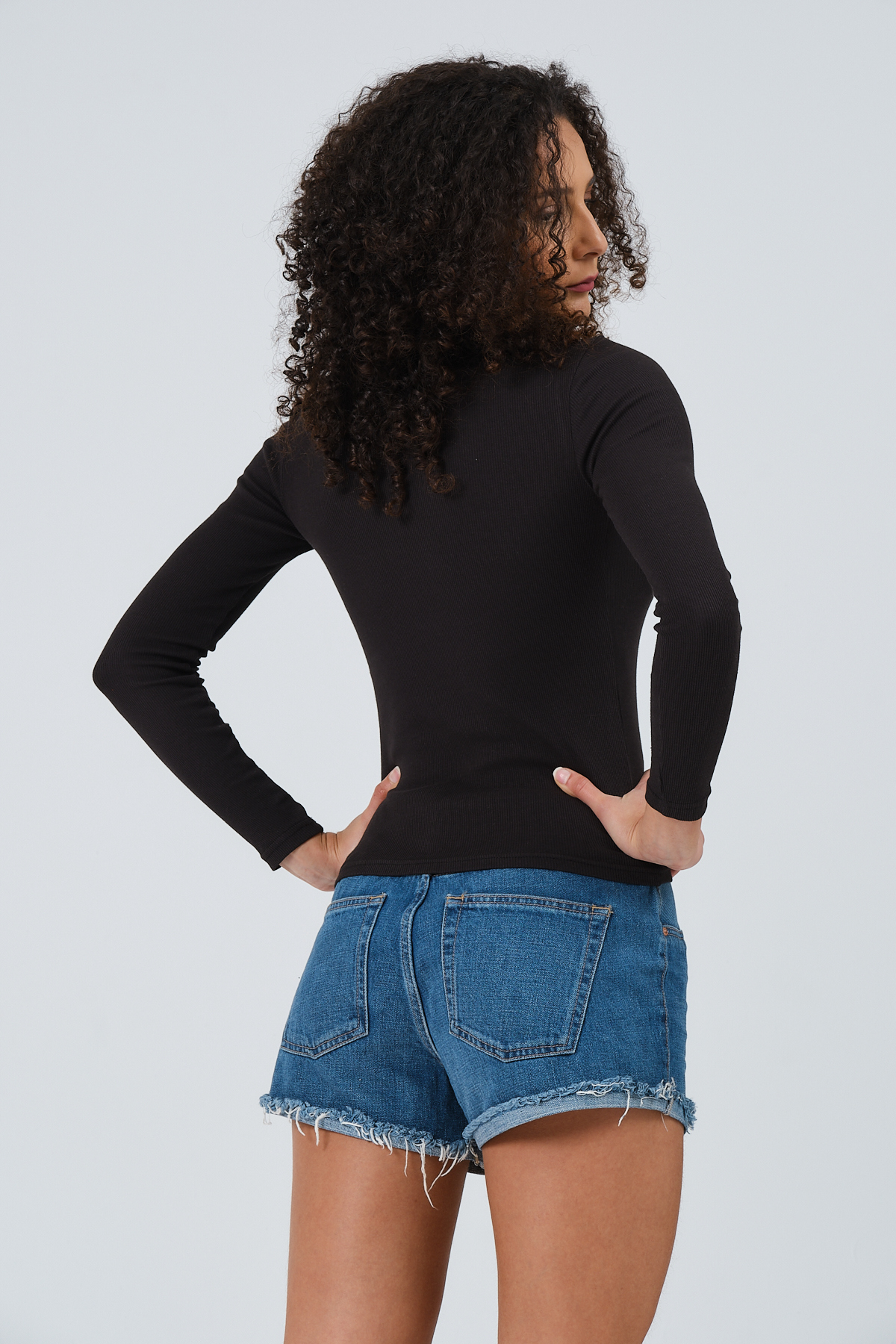 Kadın Gül Kurusu Tam Boy Uzun Kollu Bisiklet Yaka Fitilli T-shirt Bluz