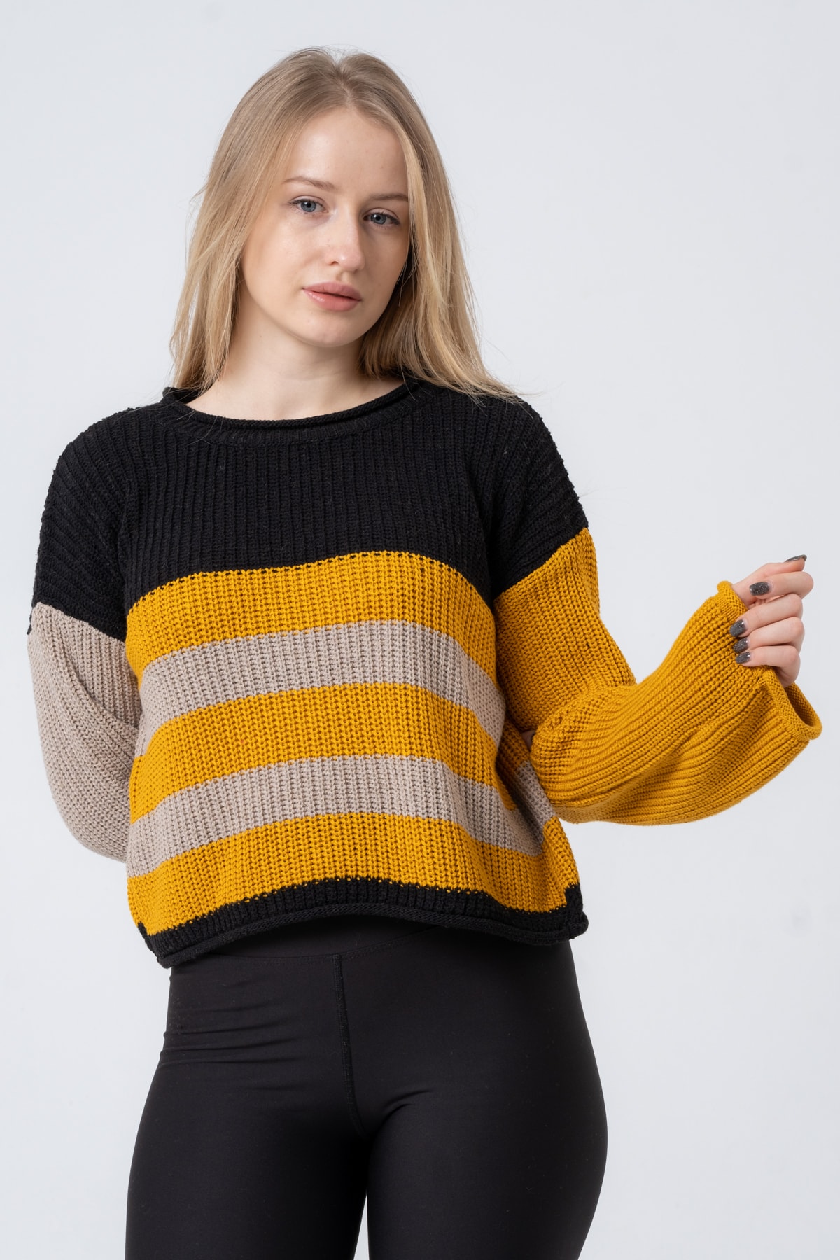 Kadın Bisiklet Yaka Çizgili Uzun Kollu Triko Kazak