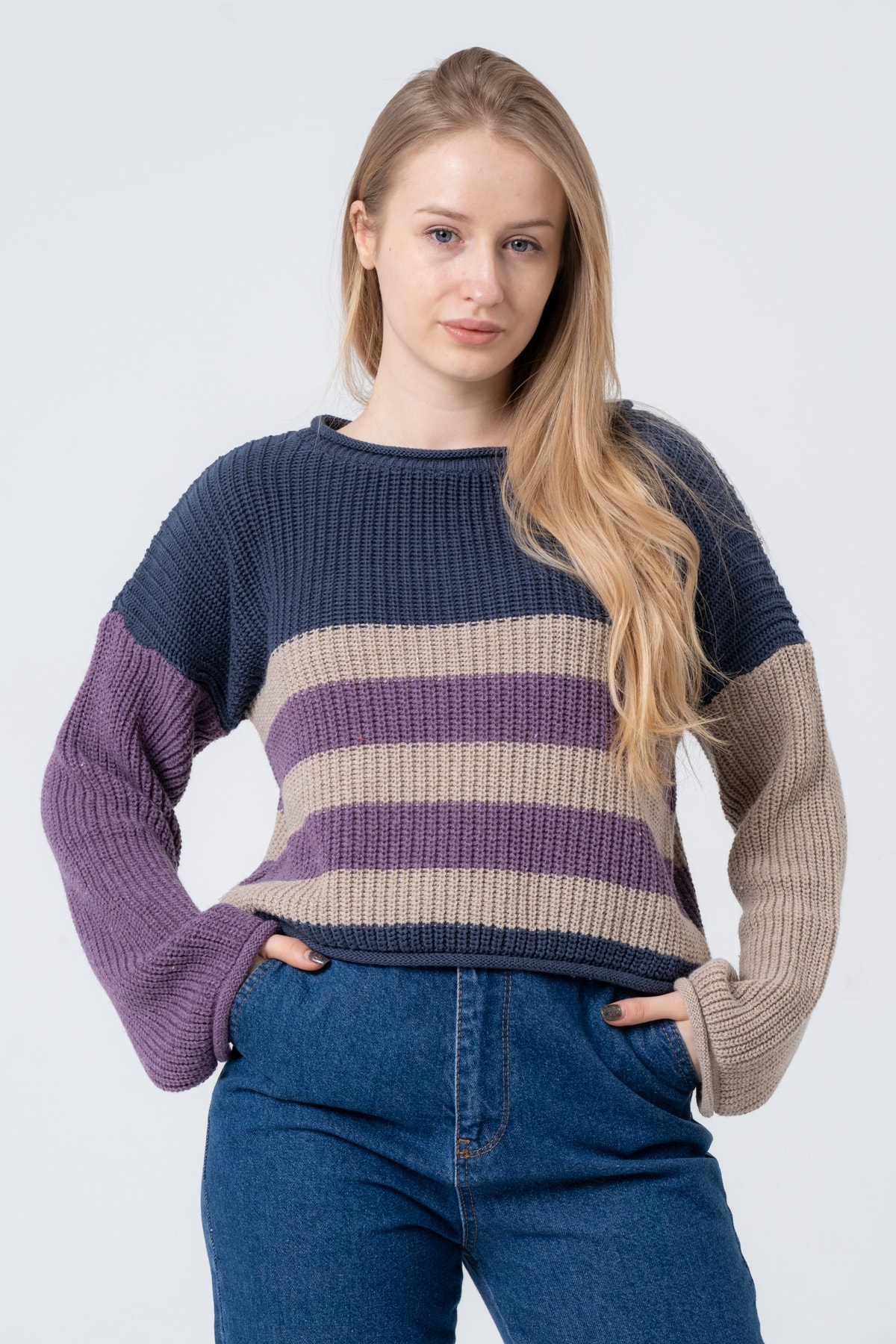 Kadın Bisiklet Yaka Çizgili Uzun Kollu Triko Kazak